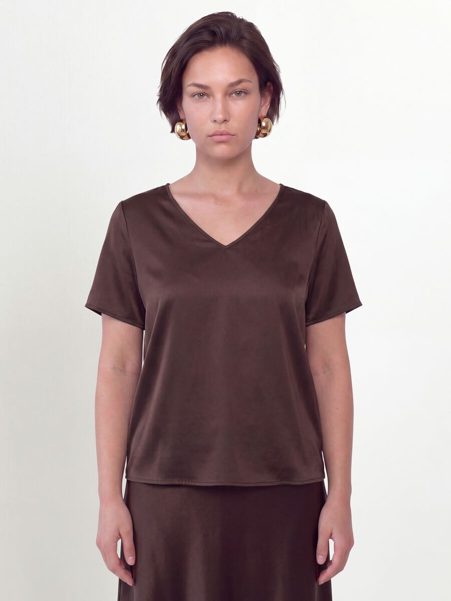 Brown satin stretch V-neck blouse, regular fit_1