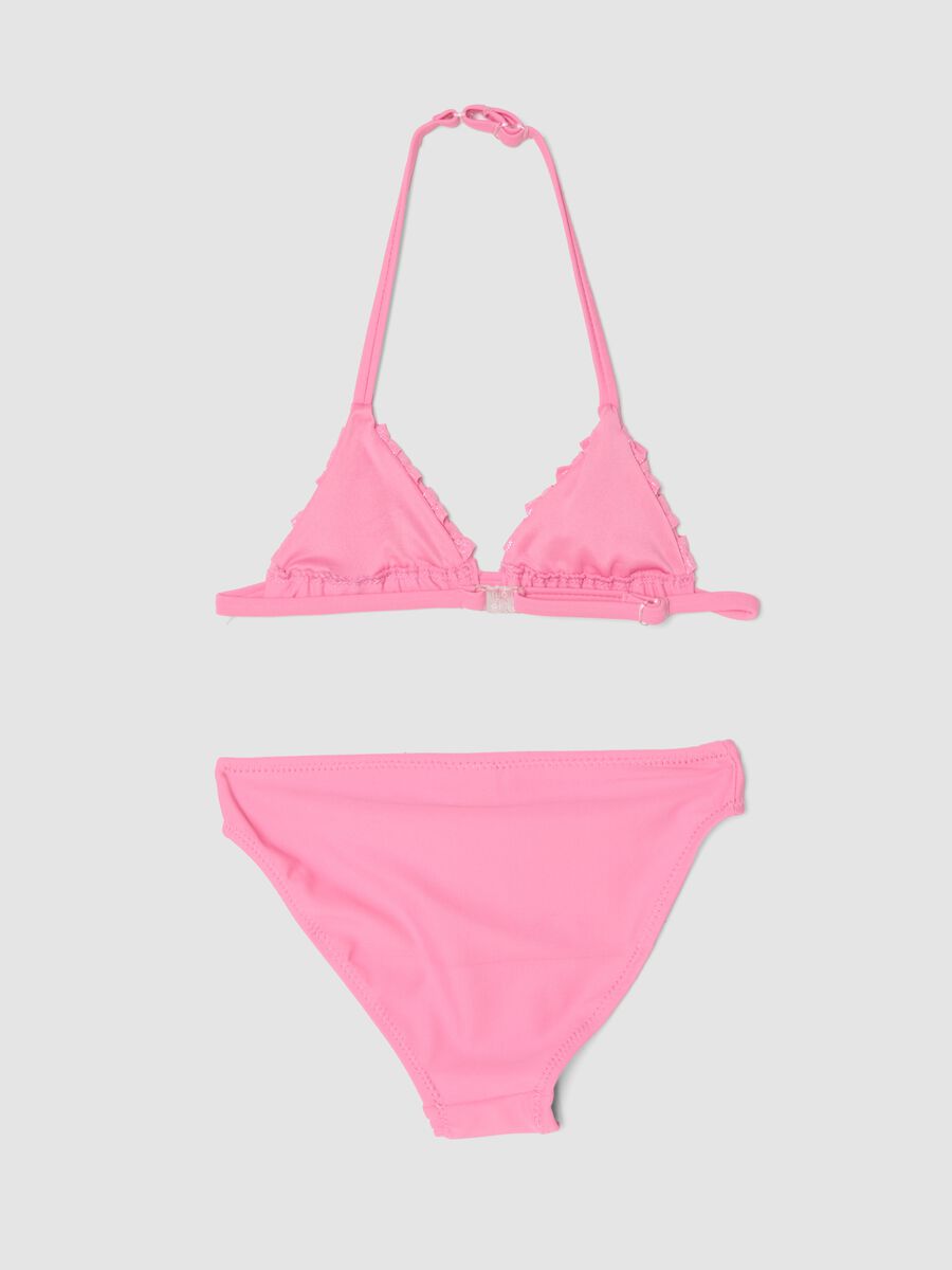Pink triangle bikini in stretch fabric with frills_1