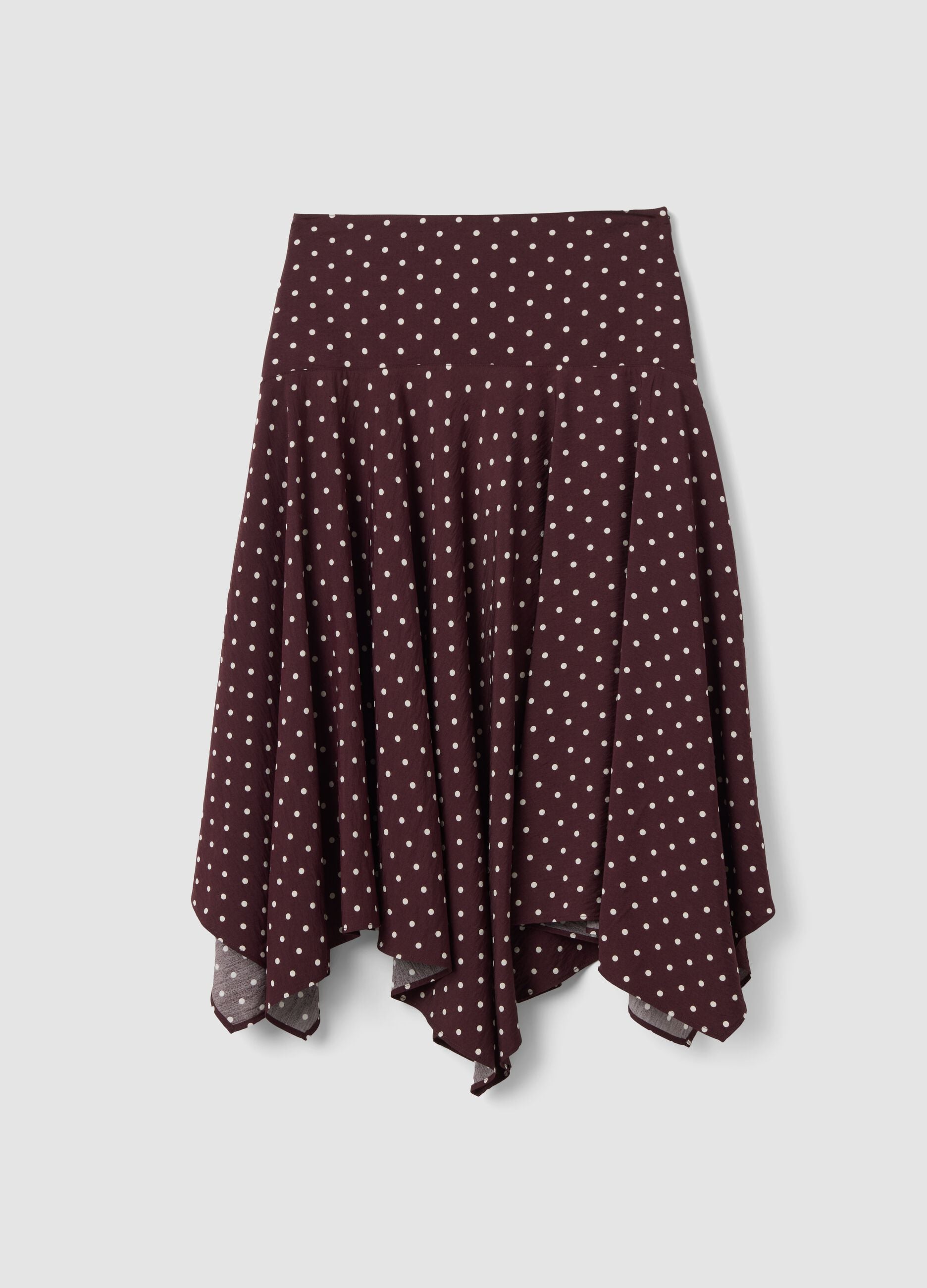 Brown polka-dot skirt in a viscose-blend with an asymmetric hem