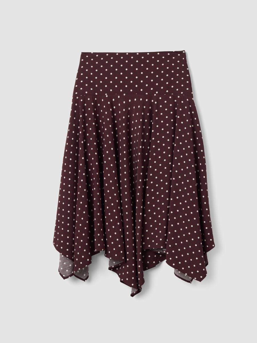 Brown polka-dot skirt in a viscose-blend with an asymmetric hem_0