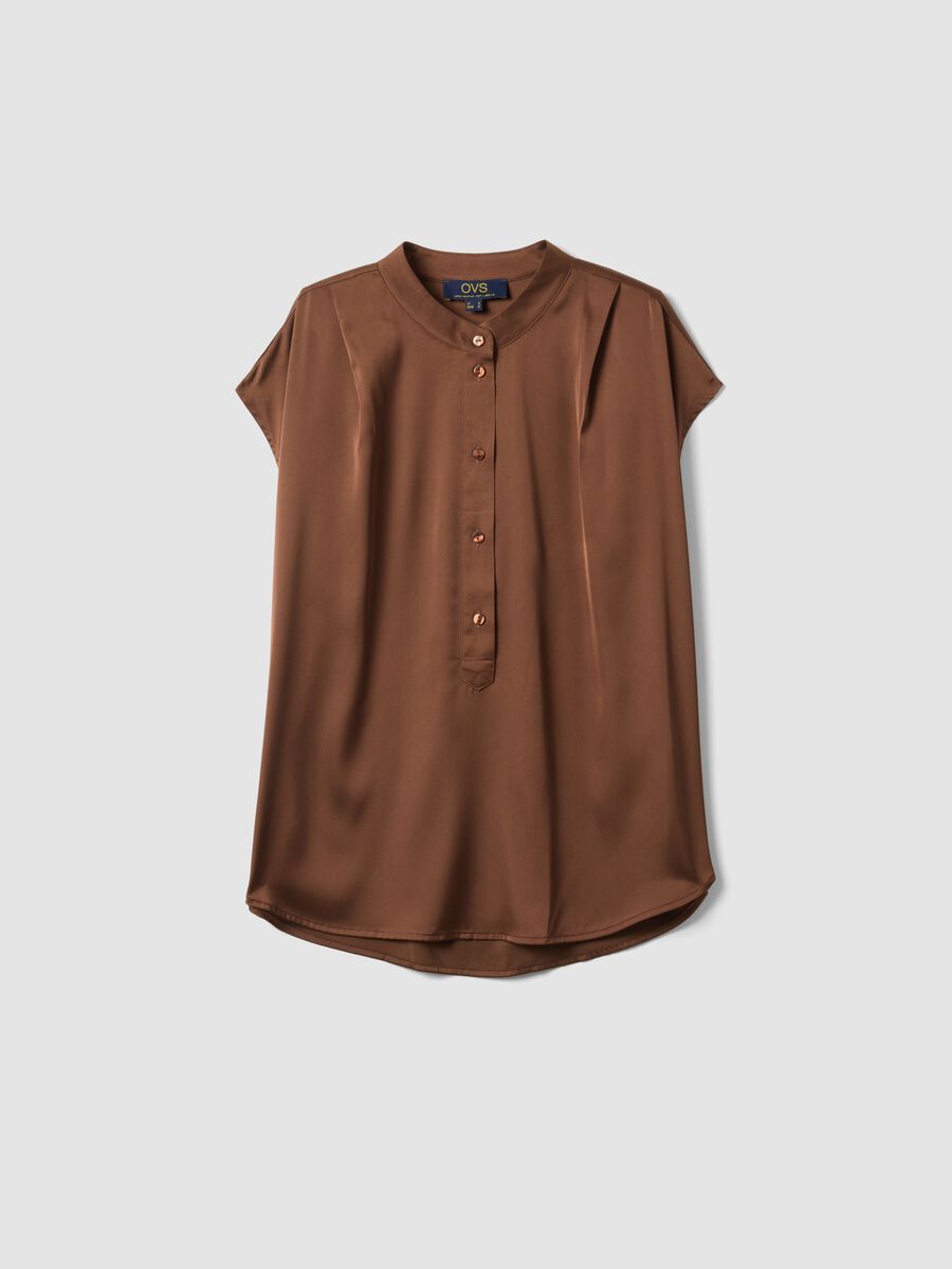Brown short-sleeve blouse regular fit with mandarin collar_4
