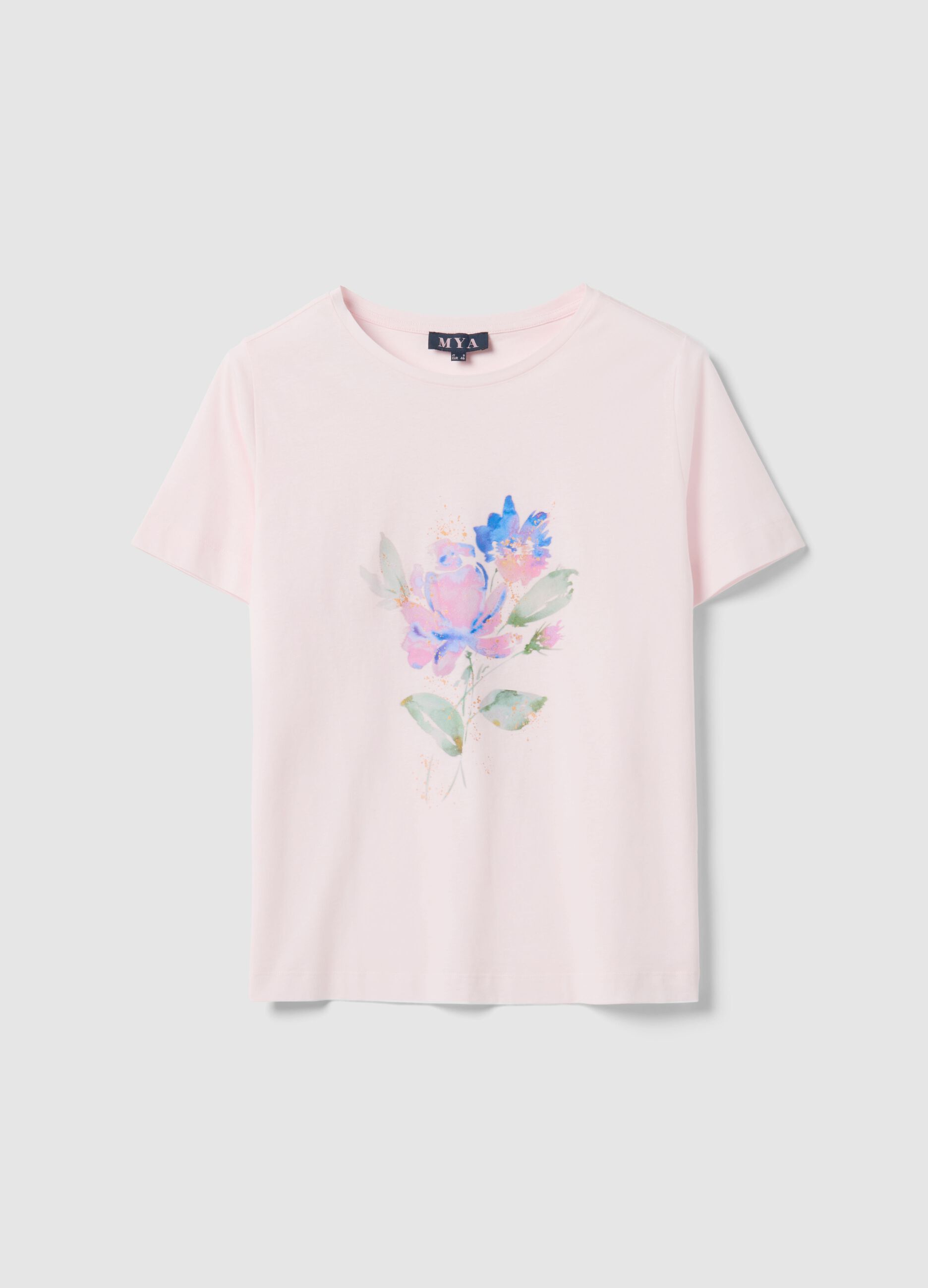 T-shirt rosa de manga curta em algod&atilde;o puro com estampado, corte regular
