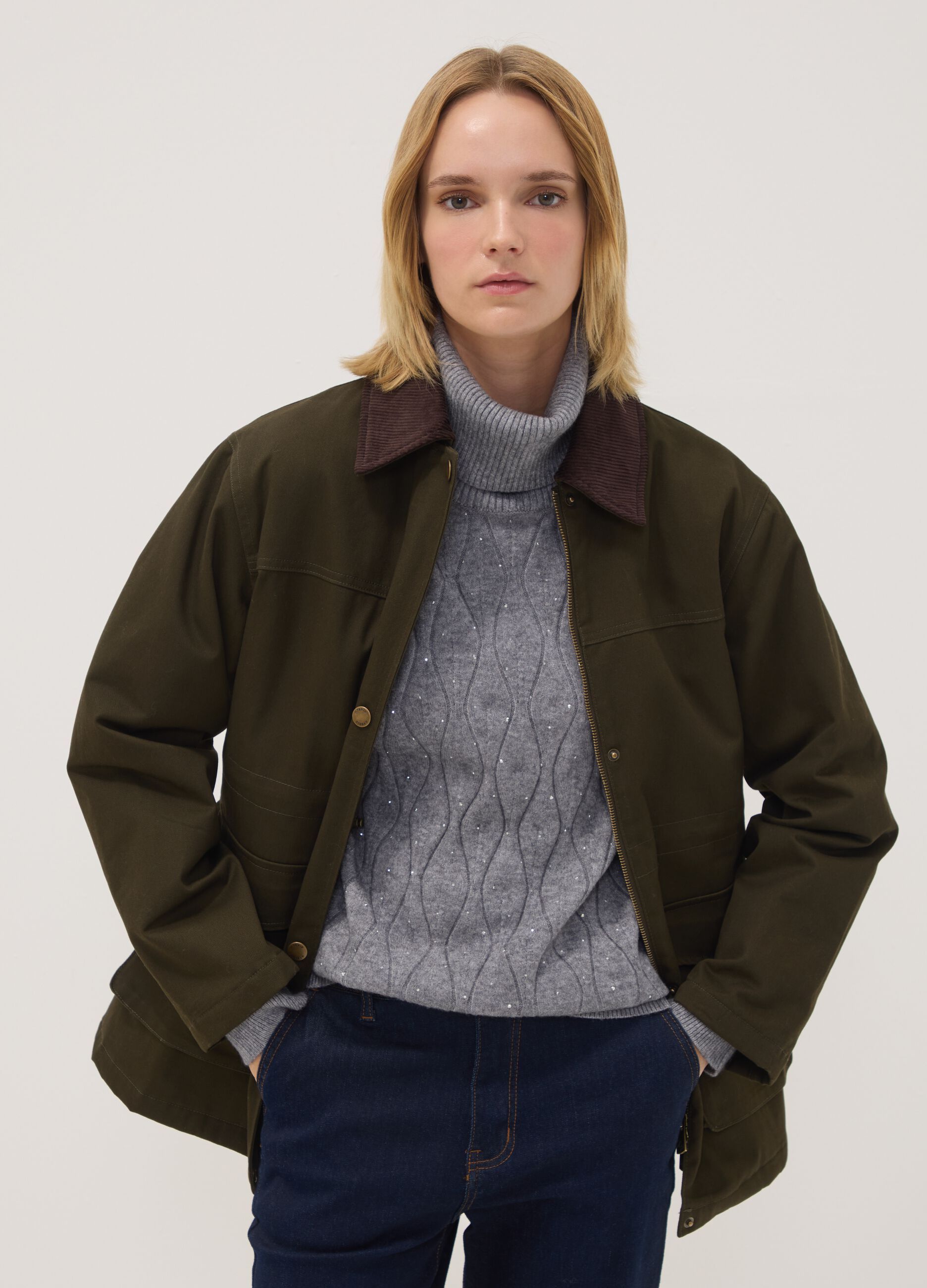 Green pure-cotton jacket with contrast collar