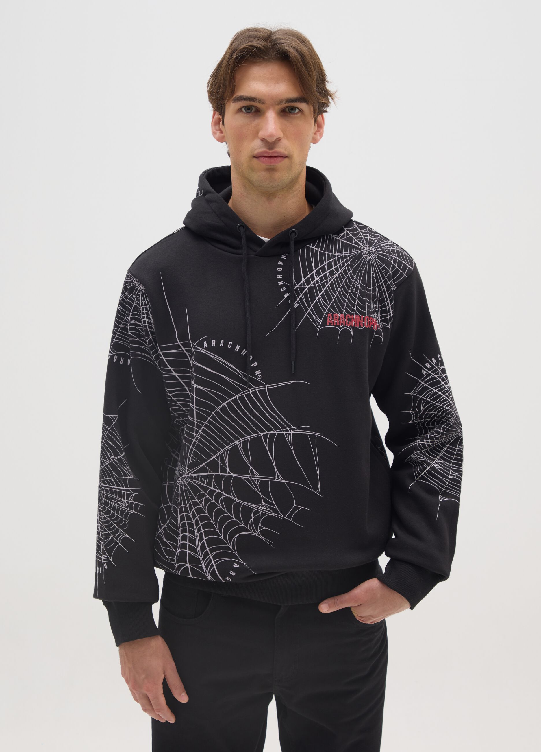 Schwarzer Baumwollmischung Kapuzenpullover