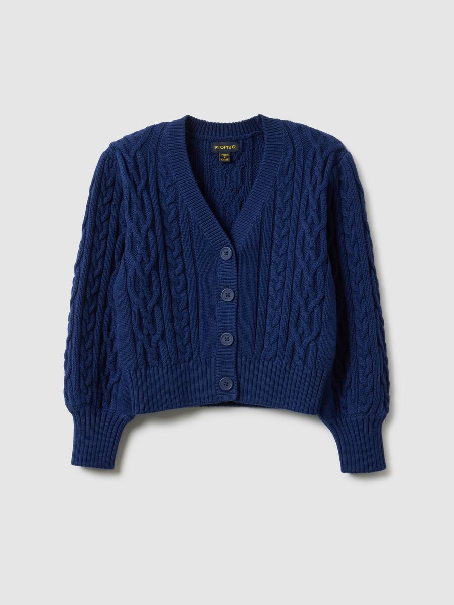 Girls' regular fit deep V blue pure cotton braided cardigan_0