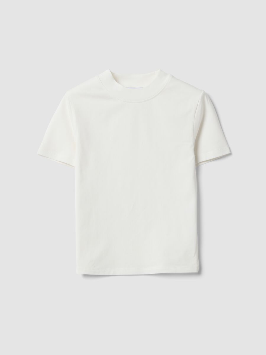 White fitted stretch-cotton T-shirt with high neck_0