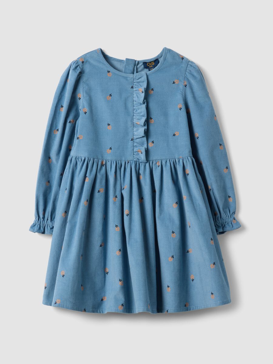 Blue pure cotton ribbed dress with floral print_0