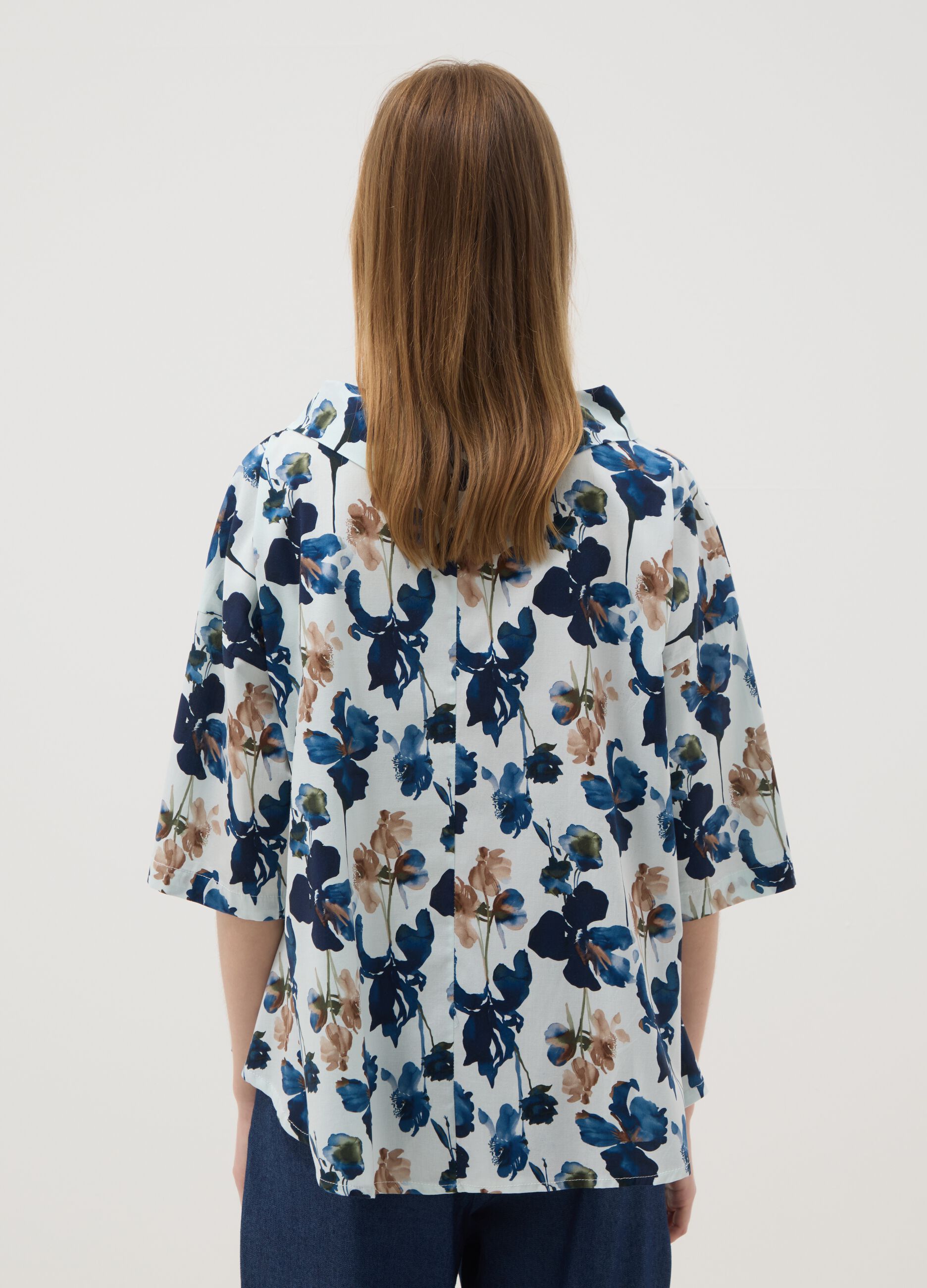 Blue stretch-cotton top with floral print