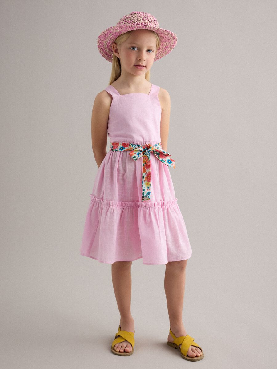 Girls' regular fit pink pure cotton dress with floral belt_1