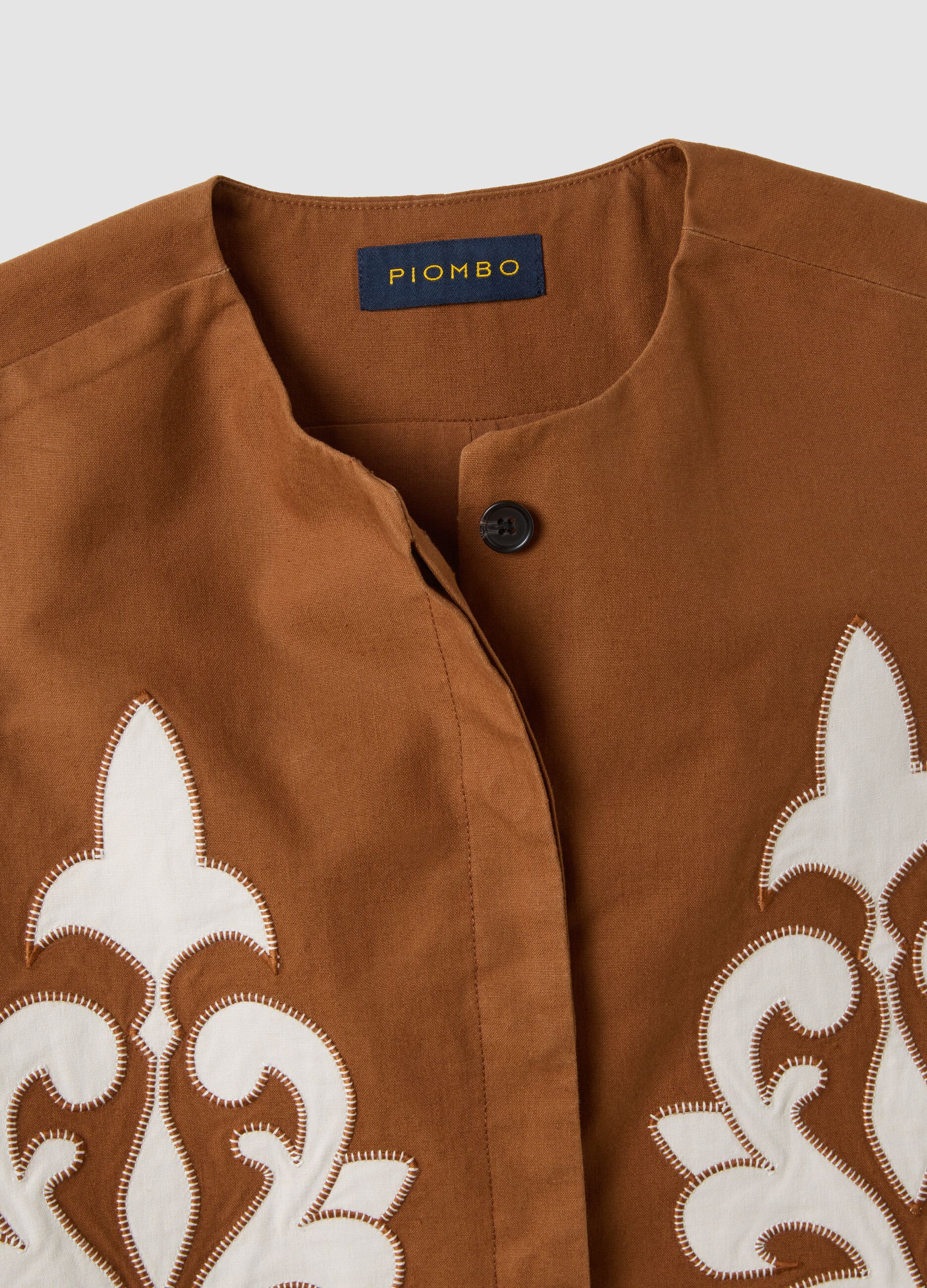 Brown linen and lyocell-blend gilet with applied embroidery