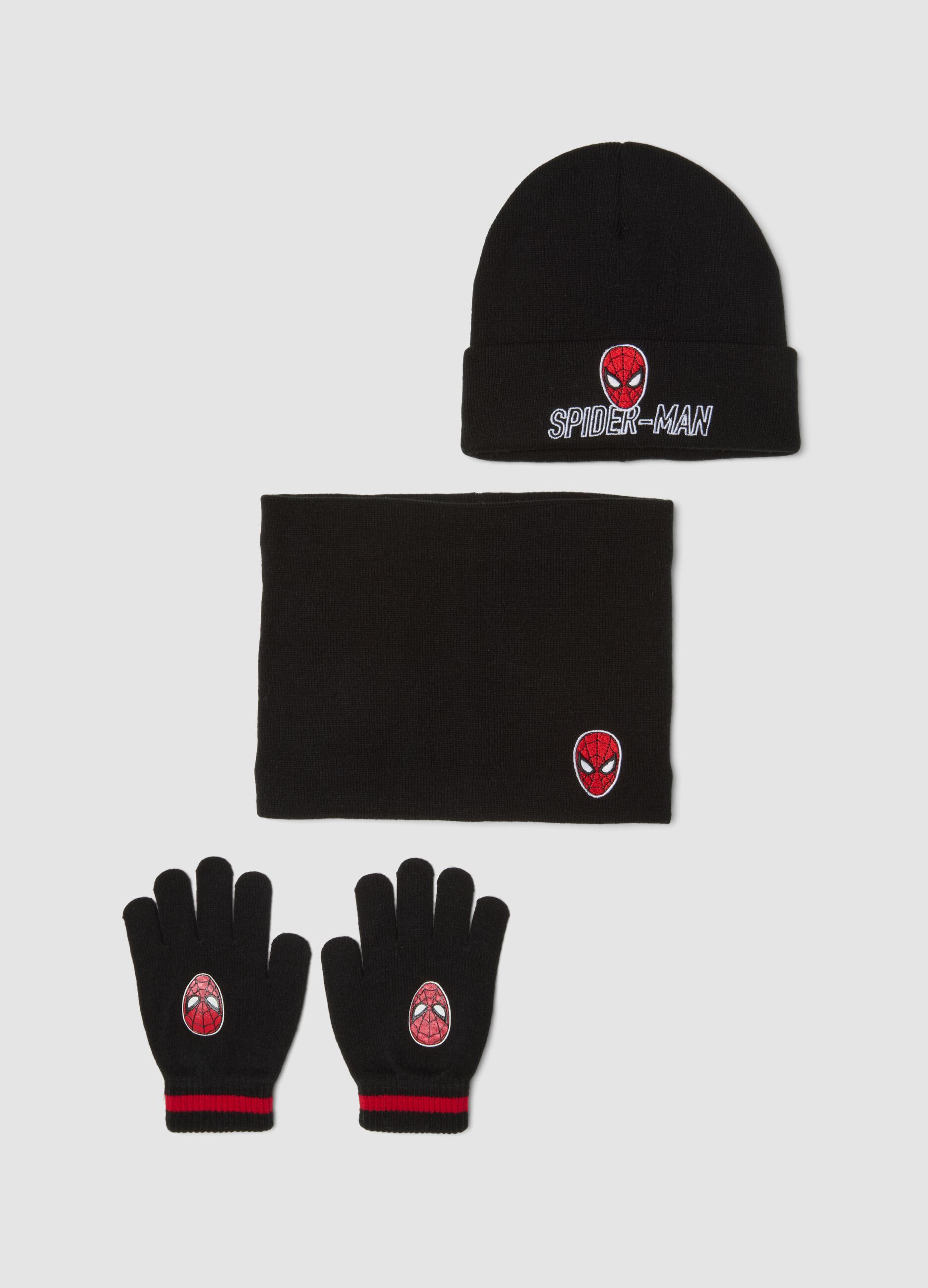 Black Spider-Man hat, neck warmer and gloves set