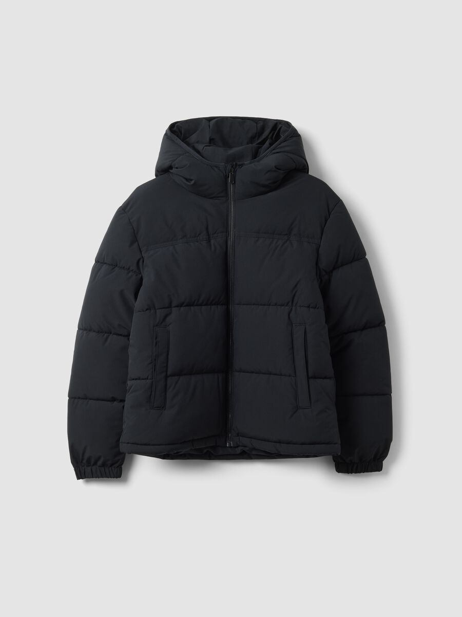 Black padded hooded jacket with water-resistant zip, oversized fit_0