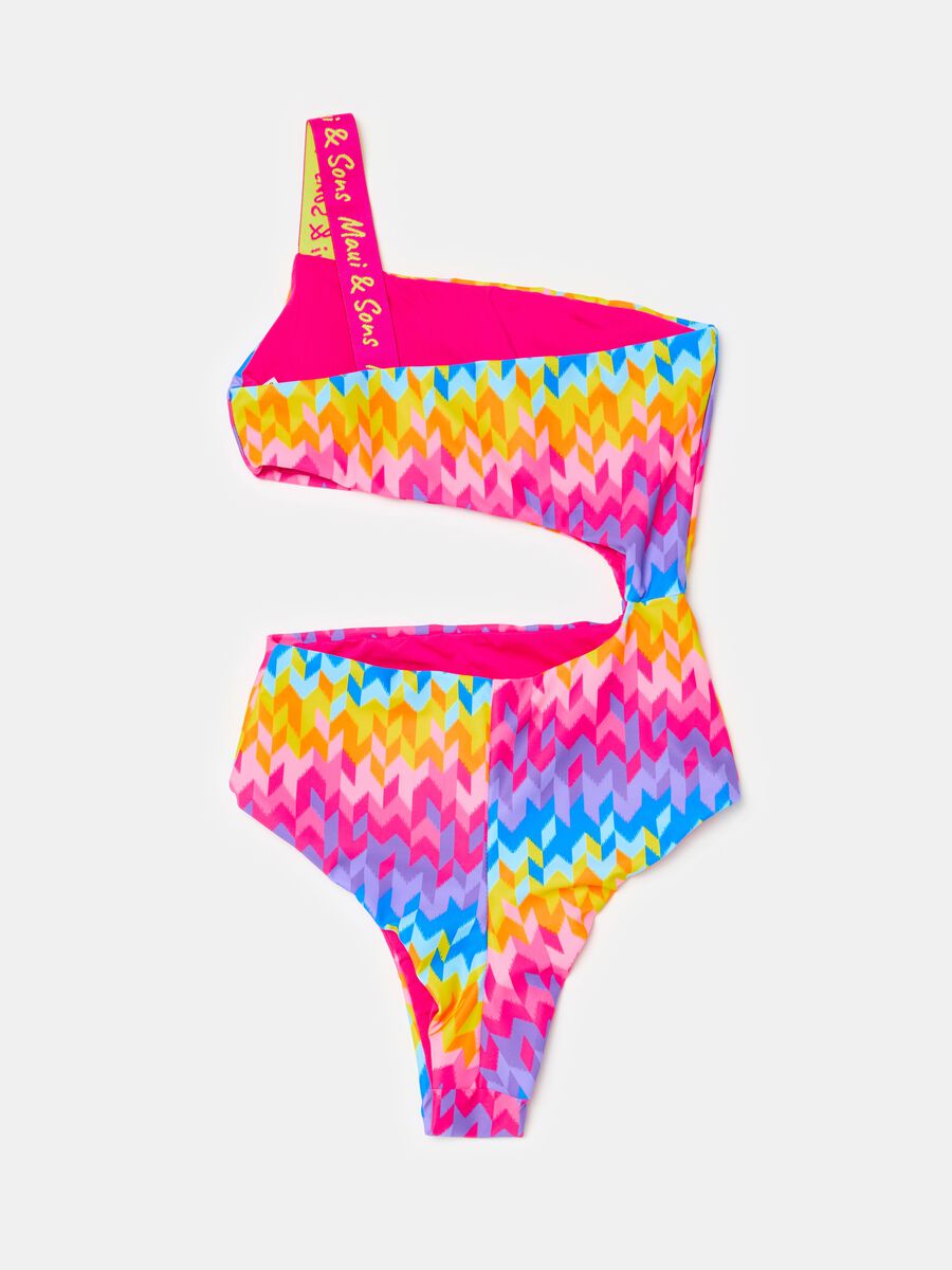 One-piece swimsuit with single shoulder strap and optical print_1
