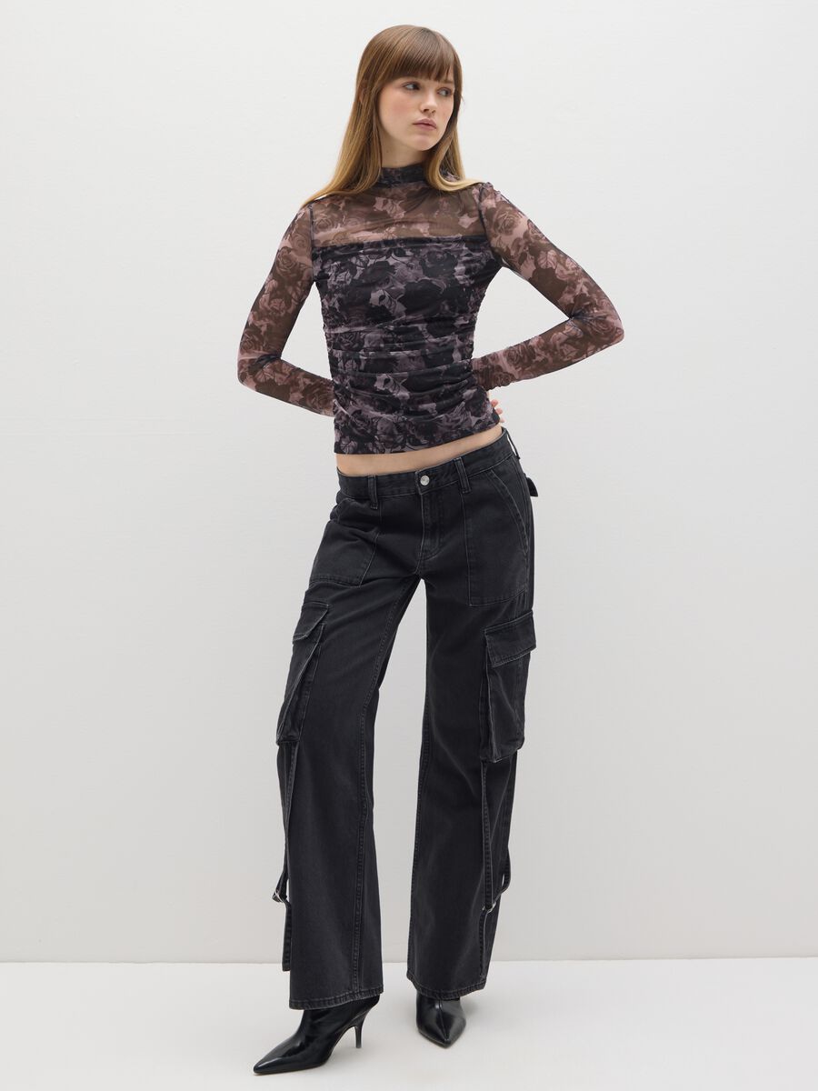 Grey Long Sleeve Top with Floral Print_2