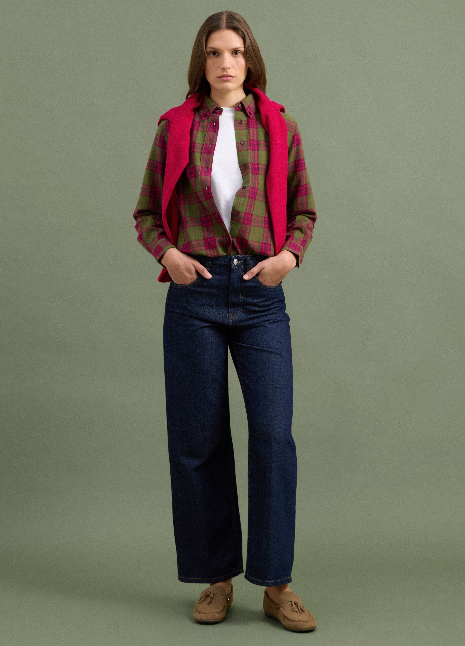 Camicia verde a quadri in flanella di puro cotone regular fit