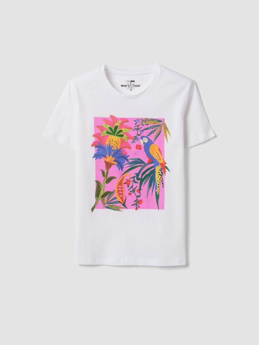 White pure cotton T-shirt with tropical print_0