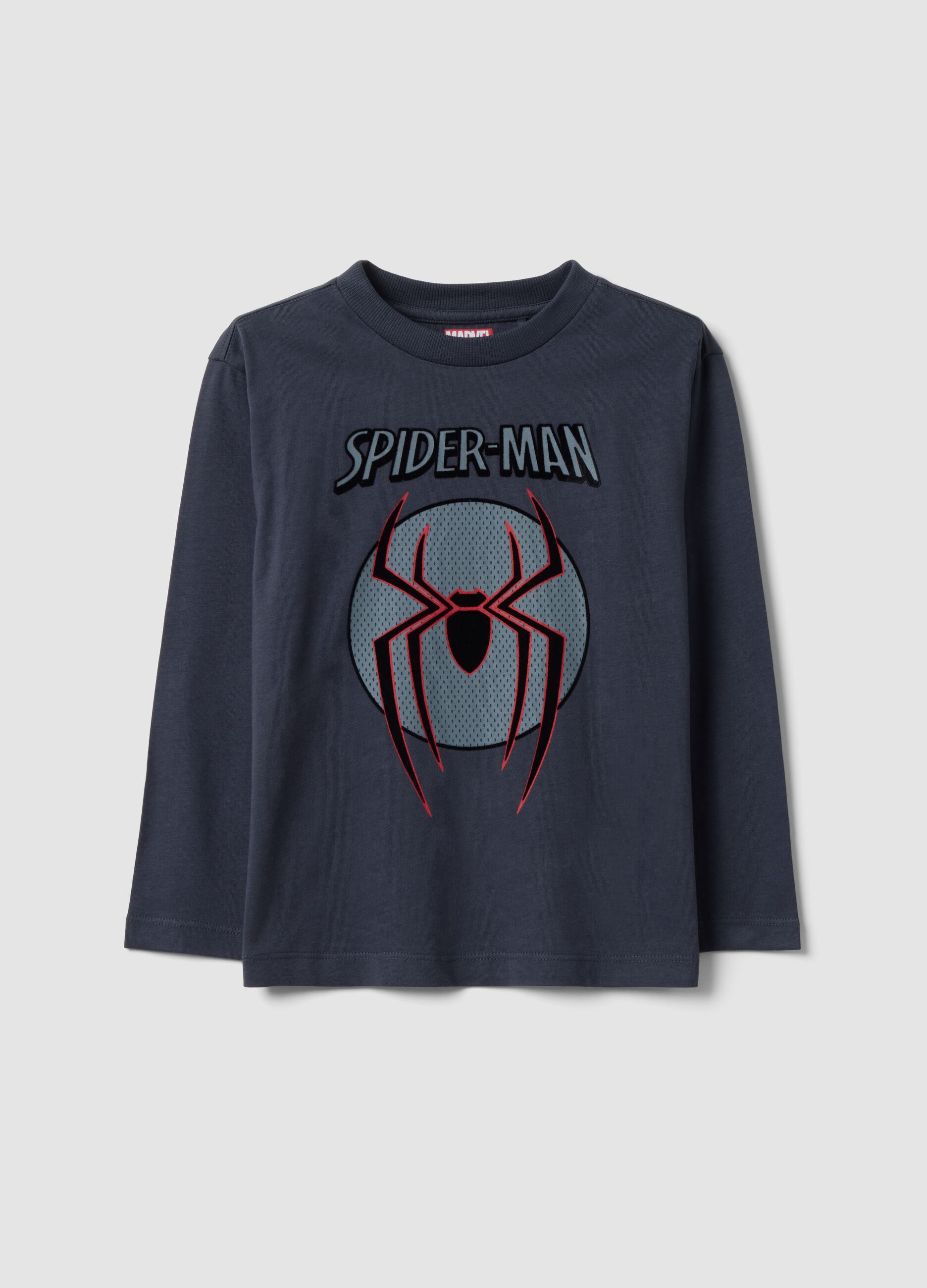 Grey long-sleeve pure cotton Spider-Man print T-shirt for boys