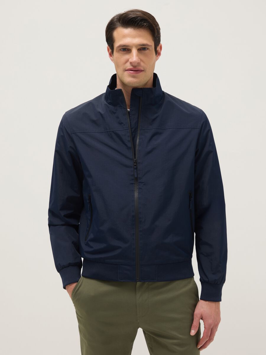 Blue regular fit bomber jacket with zip_0