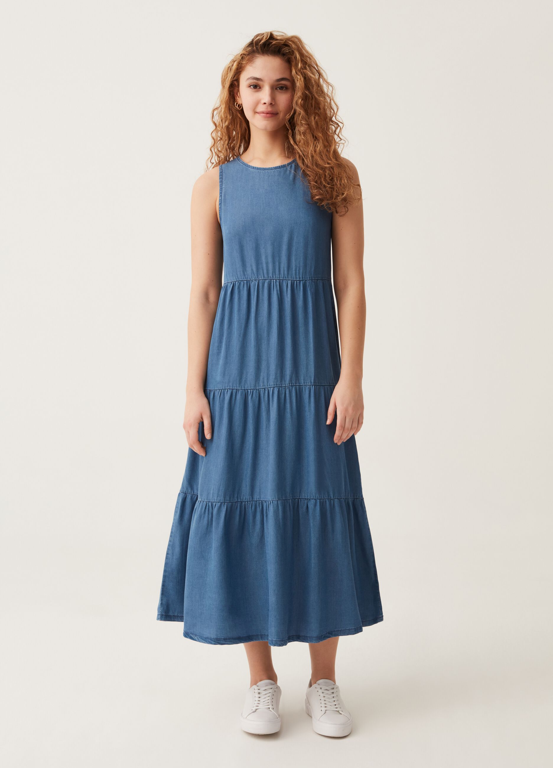 Tiered dress with denim effect