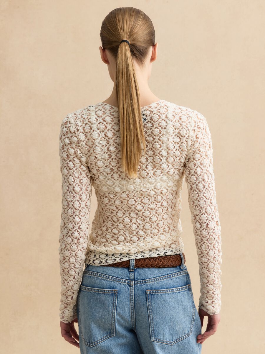 Beige stretch cotton blend regular fit top with lace_3