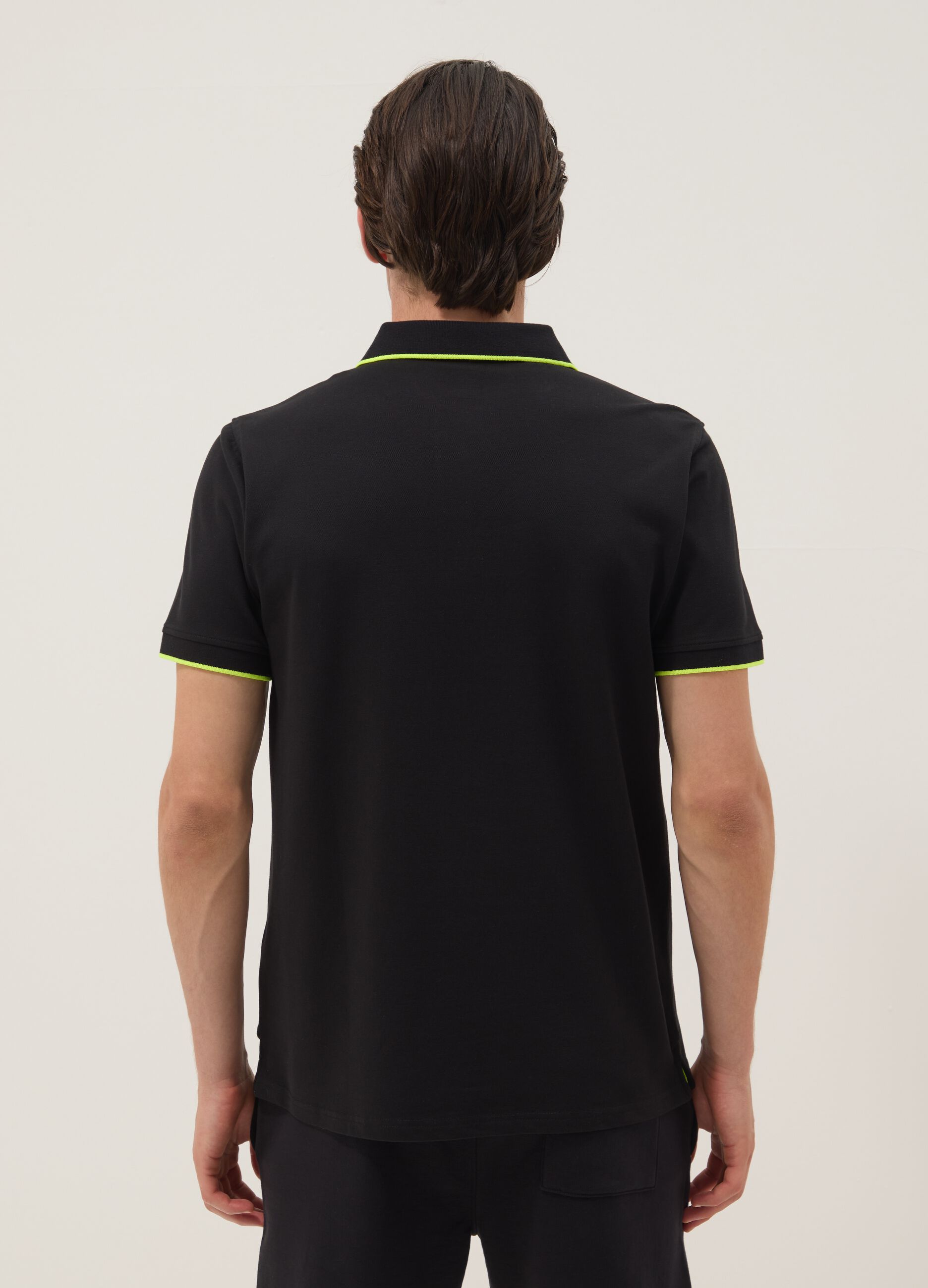 Blue stretch cotton polo with contrast piping