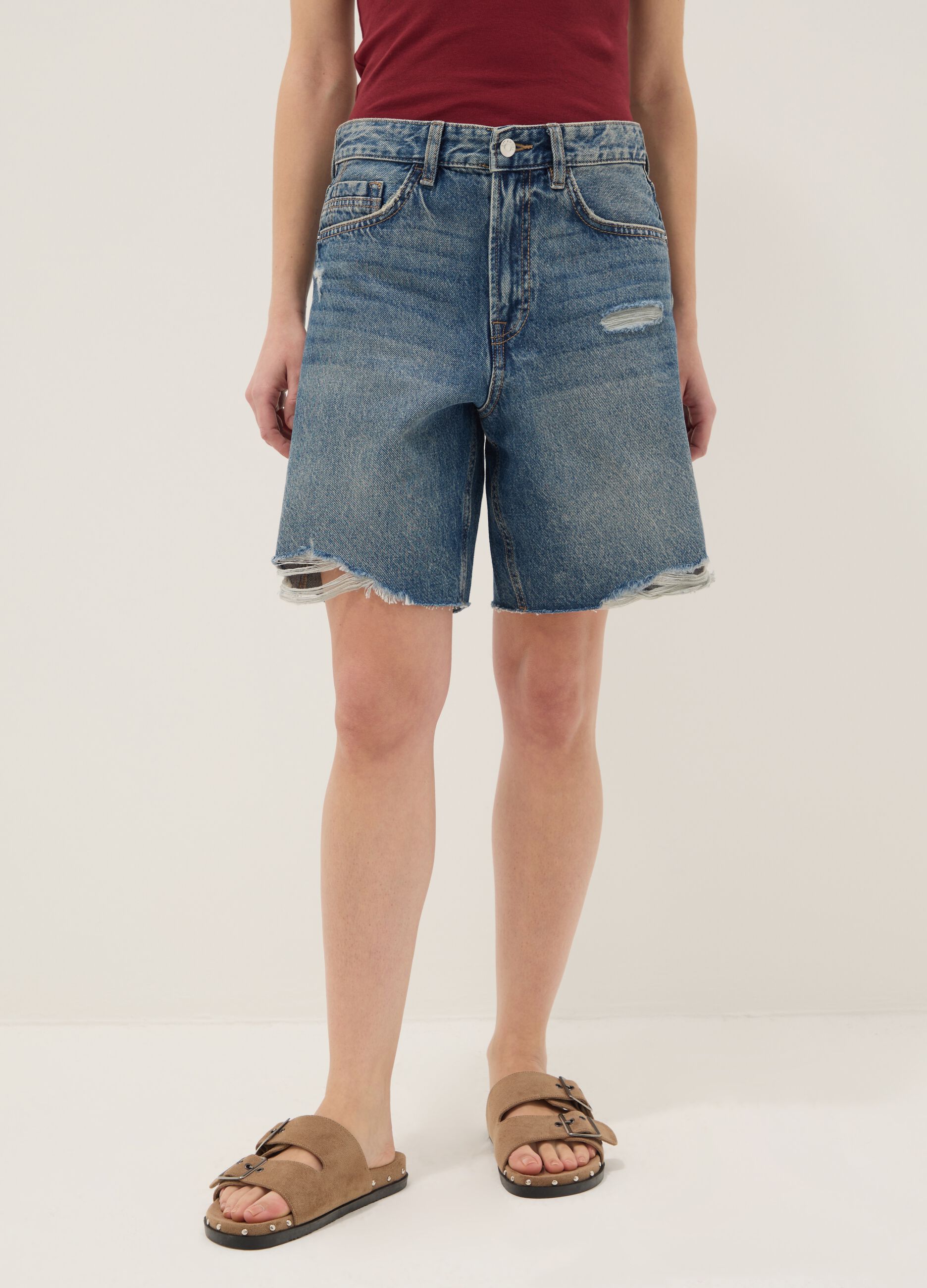 Reine Baumwoll-Denim-Shorts in Blau mit Straight Fit