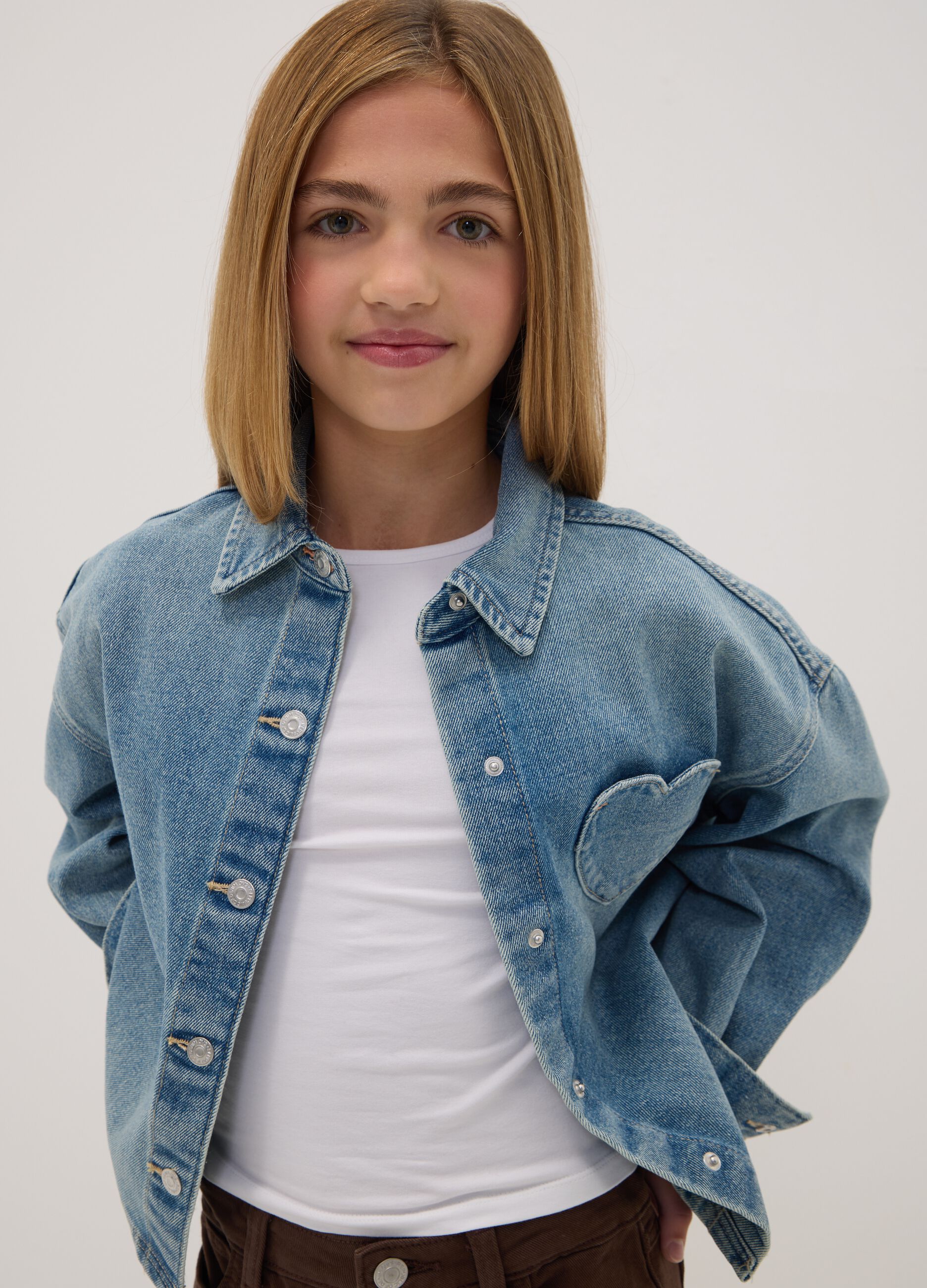 Blue cotton-viscose blend denim shirt with heart pocket, regular fit