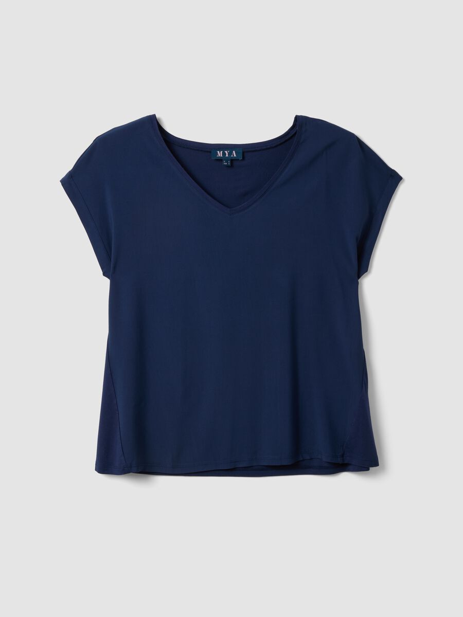 Blaues T-Shirt aus reiner Viskose mit V-Ausschnitt, Regular Fit_0