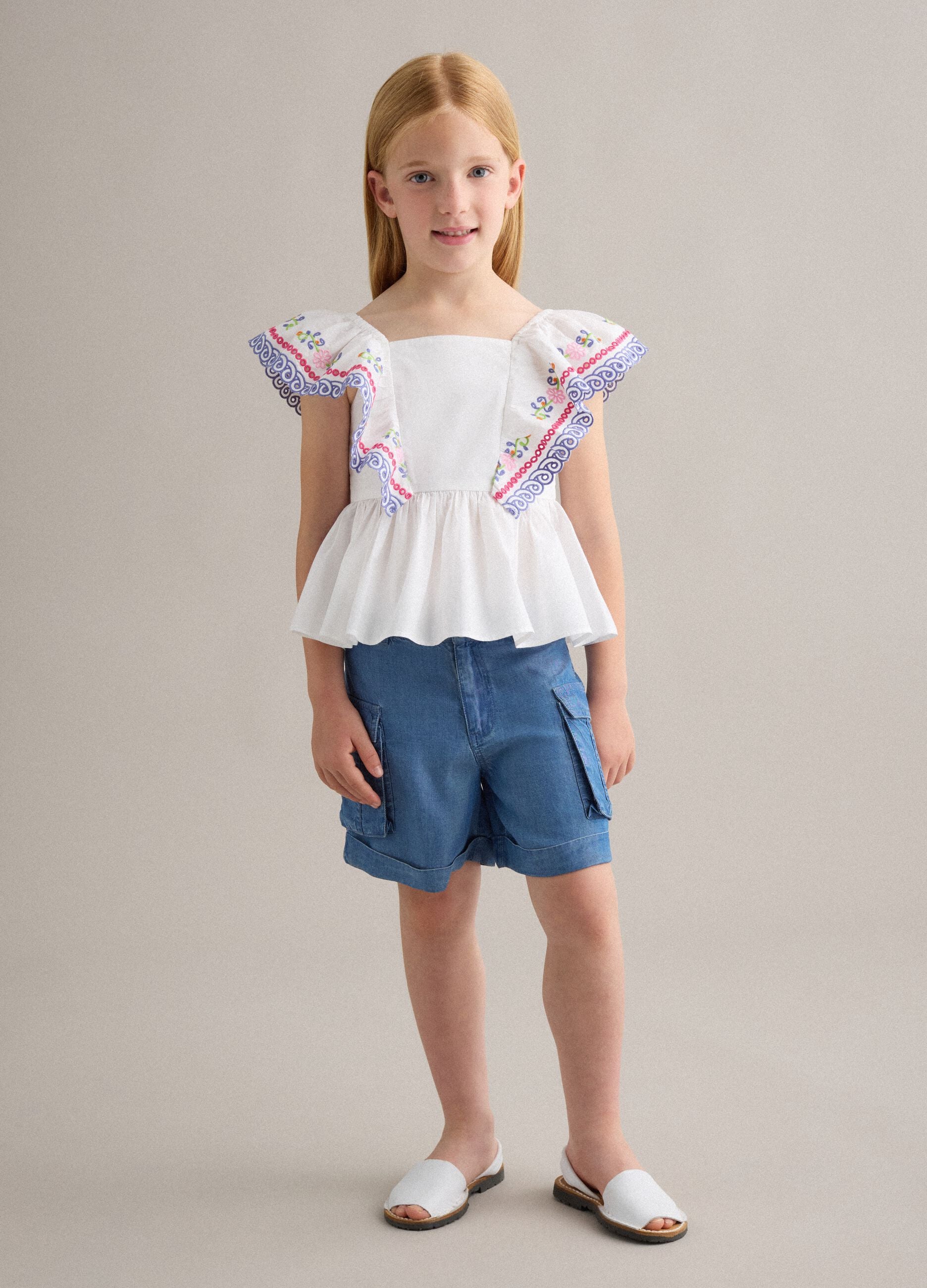 Blue pure lyocell cargo shorts for girls, regular fit