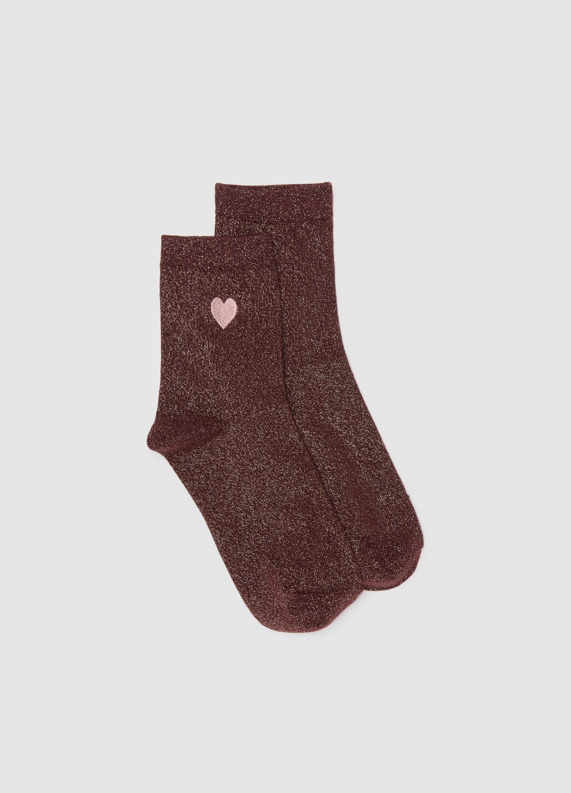 Brown cotton blend socks with heart and glitter
