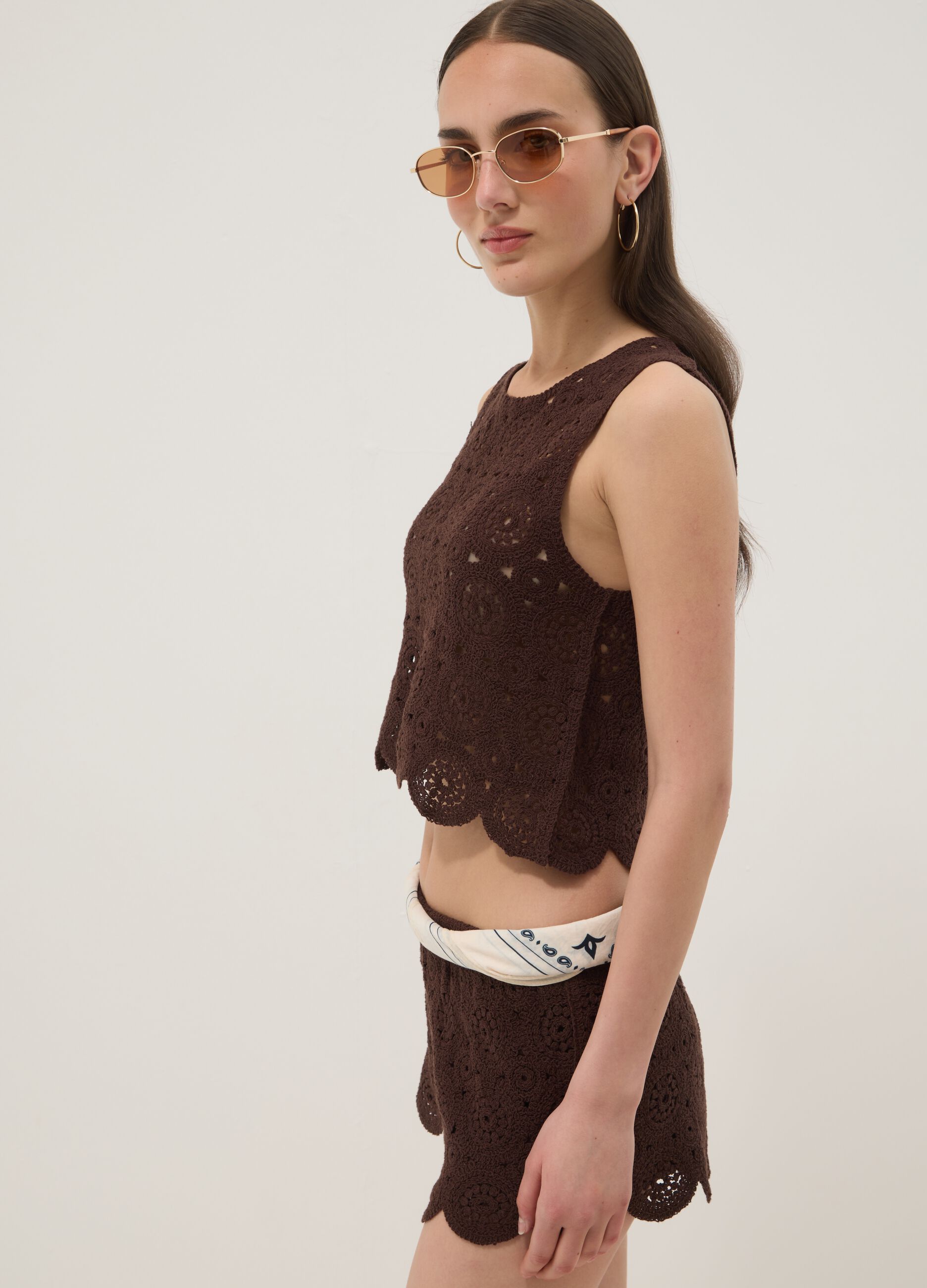 Brown cotton-blend crochet tank top, regular fit