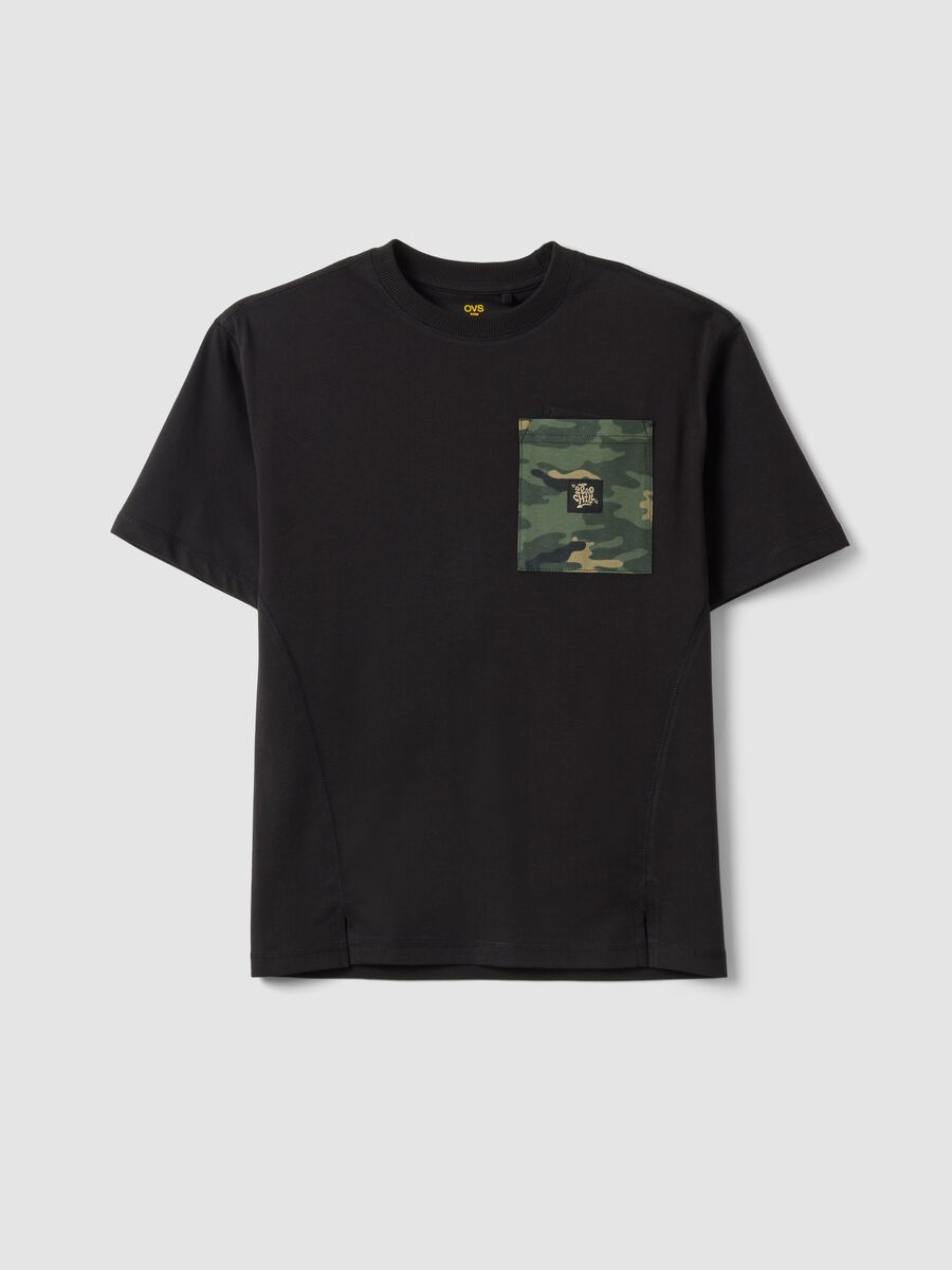 Boys&rsquo; black 100% cotton oversized T-shirt with chest pocket_3