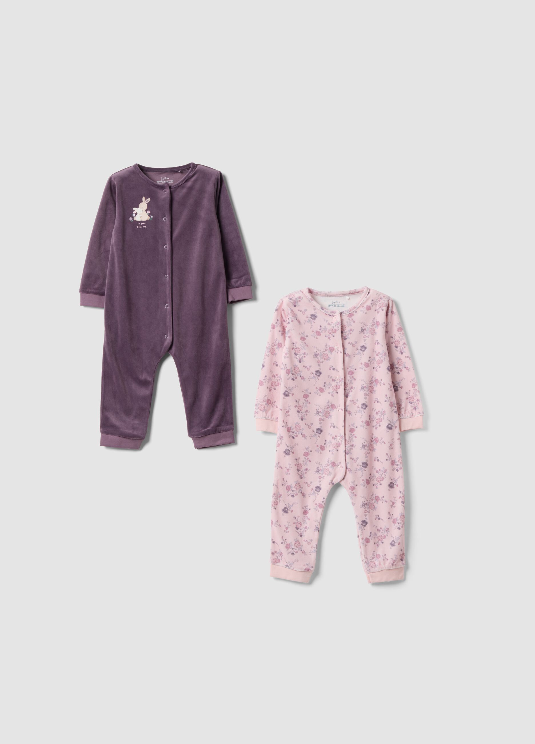 2-pack purple and pink baby girl sleepsuits with floral print