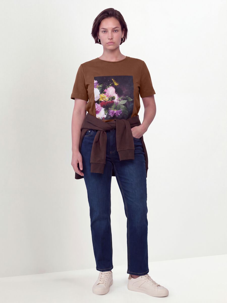 Brown pure cotton T-shirt with floral print, regular fit_1