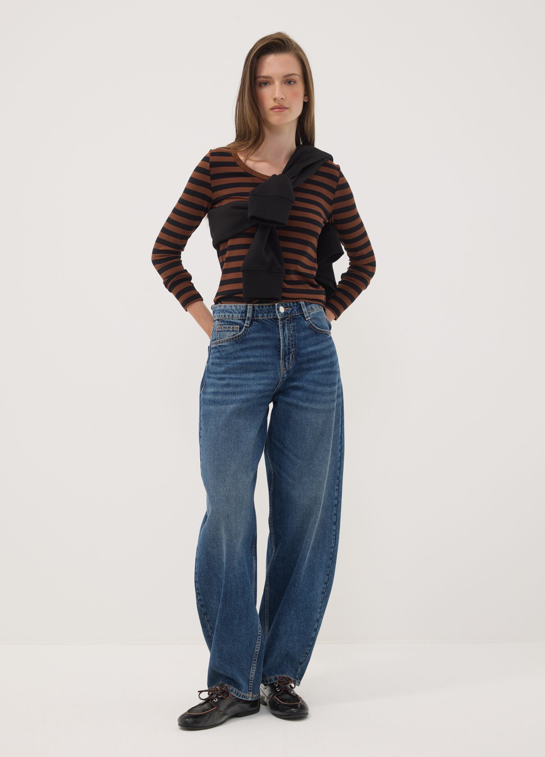 Brown slim-fit striped stretch viscose crew-neck T-shirt
