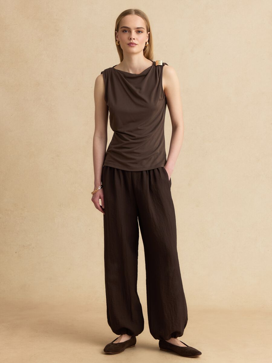 Brown sleeveless viscose-blend top with jewel detail_2