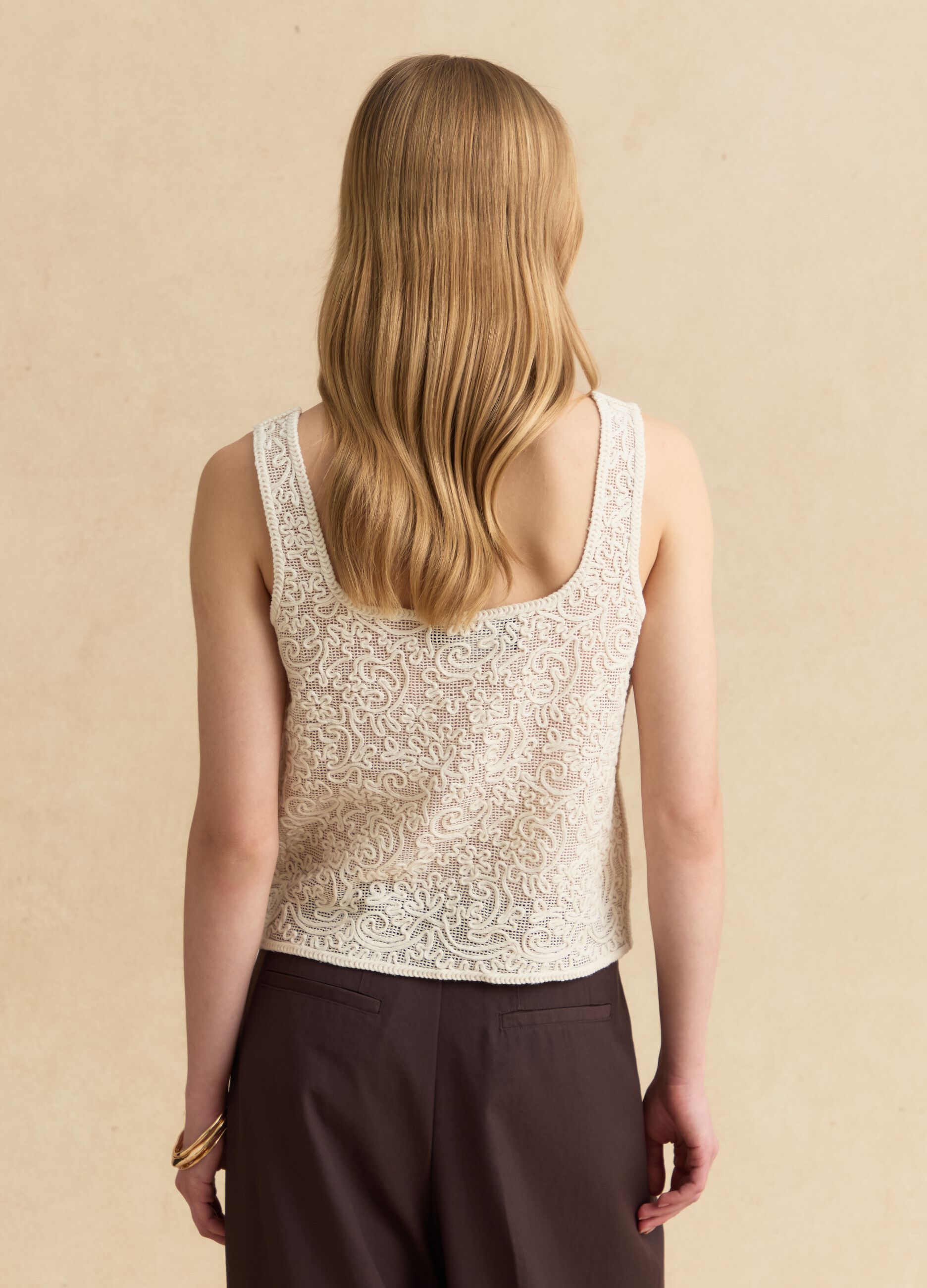 Beige cotton-blend regular-fit tank top with embroidery and mesh