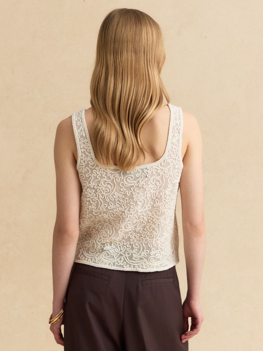 Beige cotton-blend regular-fit tank top with embroidery and mesh_3