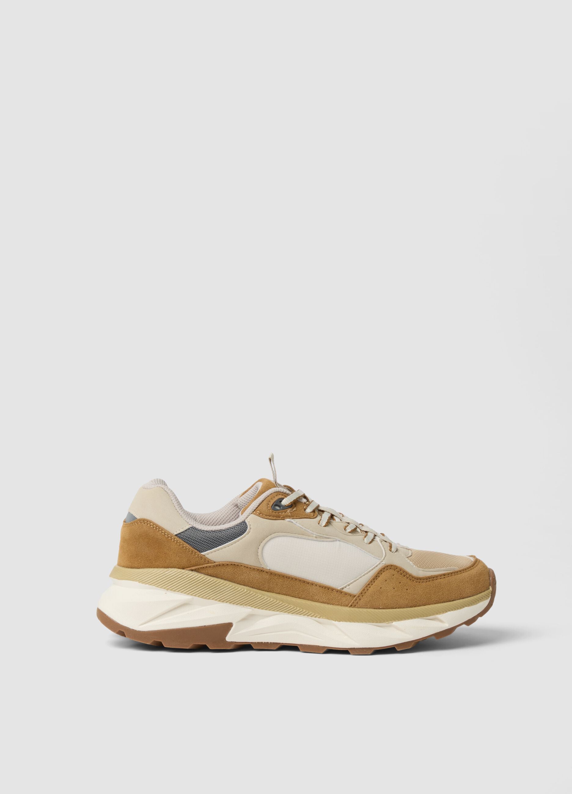 Beige lace-up trainers with contrast inserts