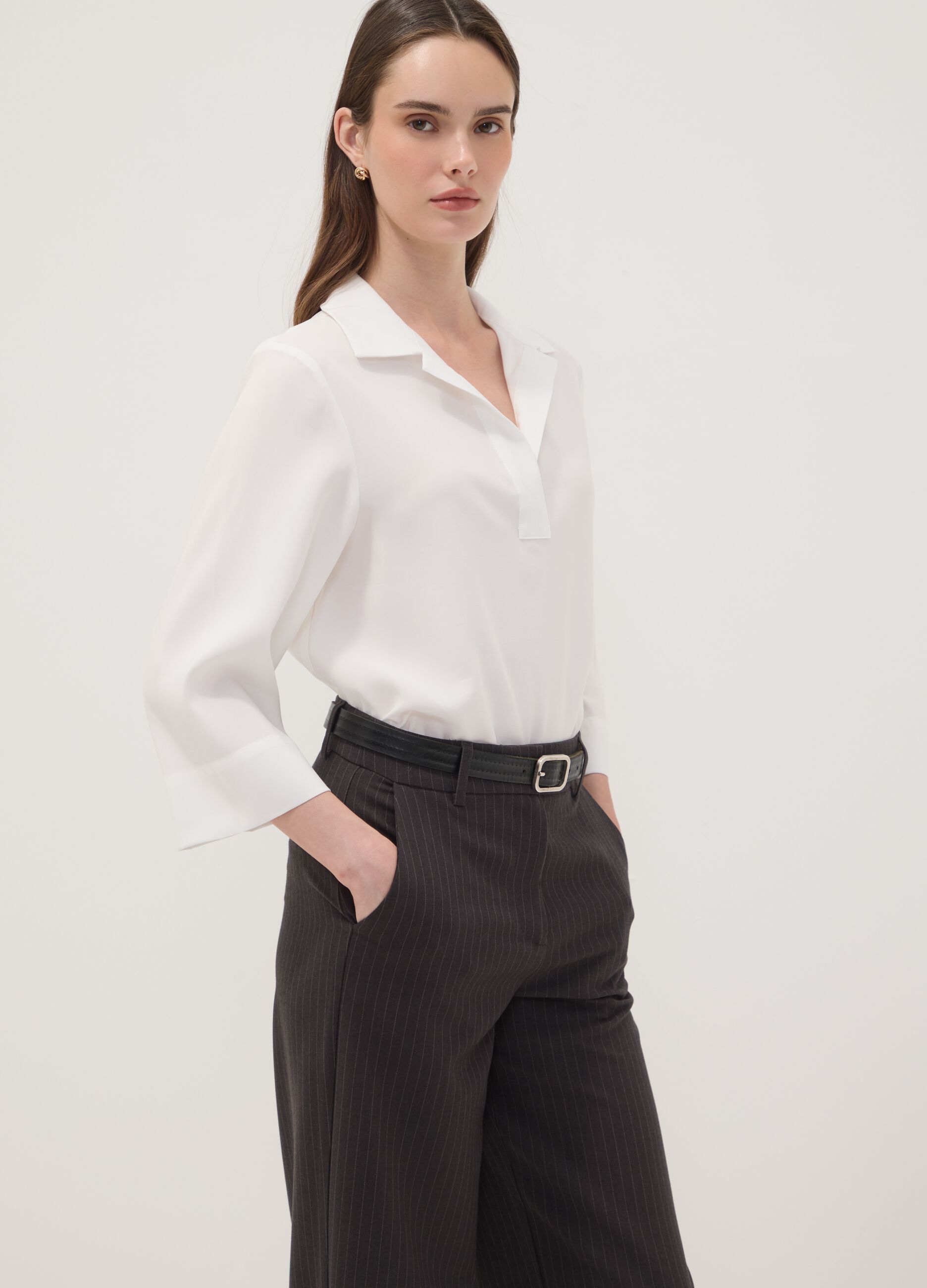 Grey pinstripe stretch viscose straight-leg trousers