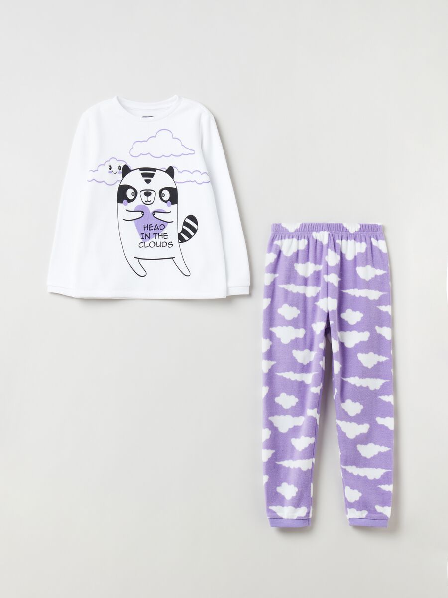 Fleece pyjamas with raccoon and clouds print_0