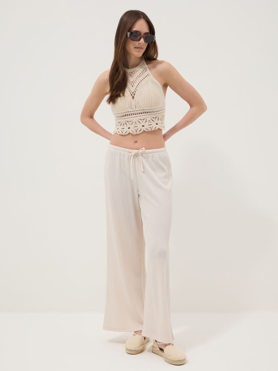 Beige crochet crop tank top in cotton blend, regular fit_2