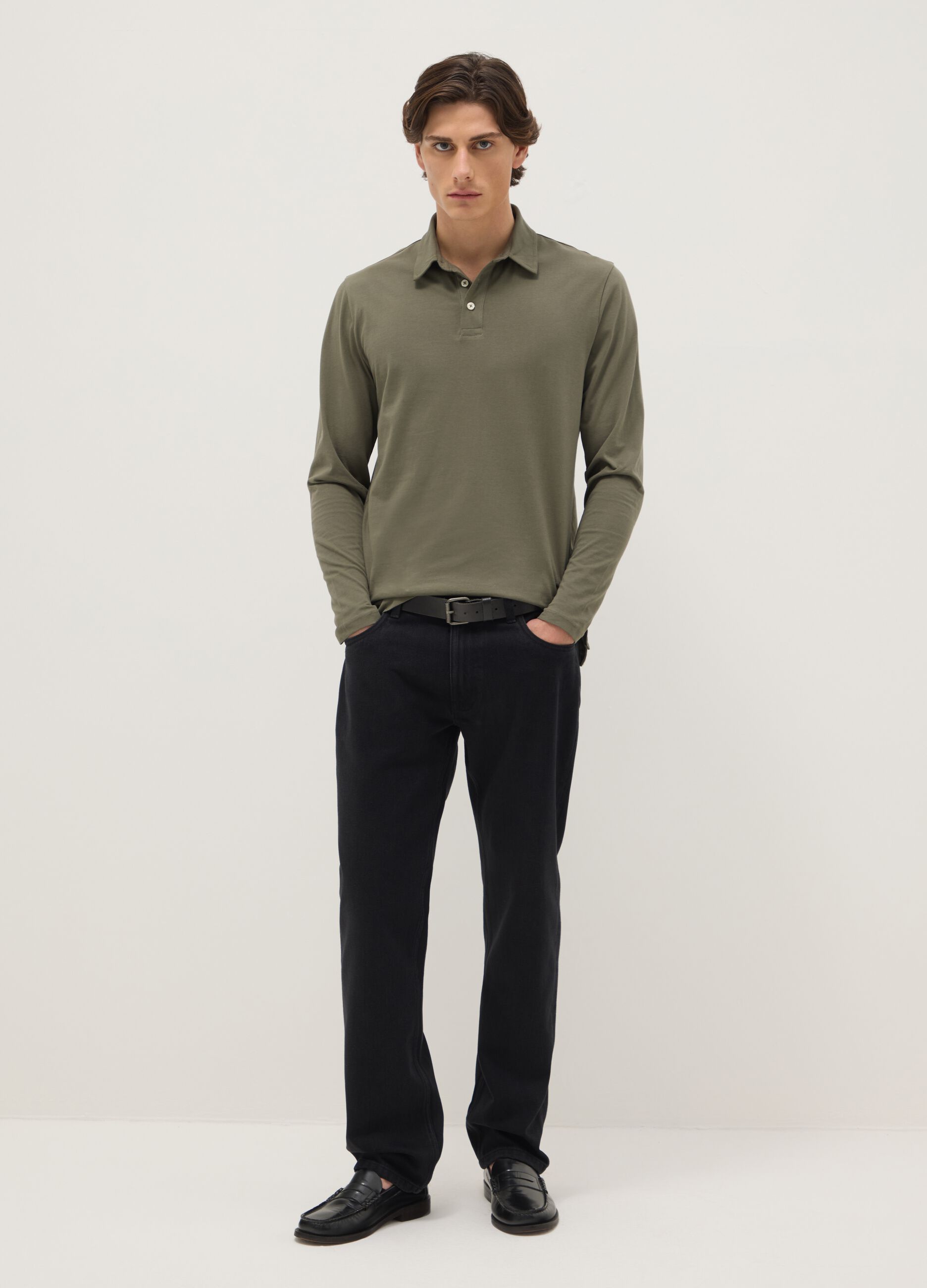Long-sleeve green cotton polo shirt regular fit