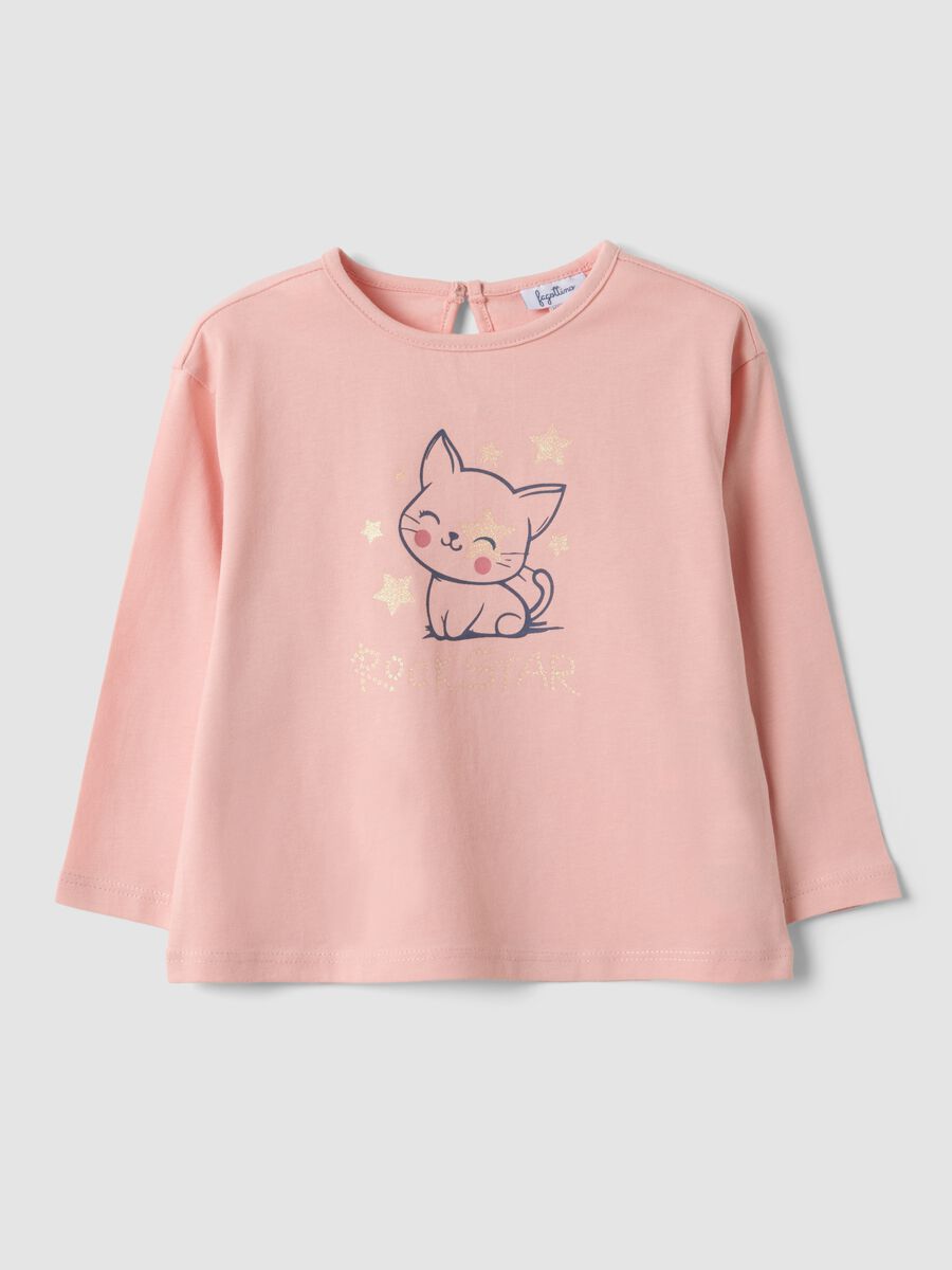 Maglietta rosa in puro cotone organico con stampa gattino per bimba_0