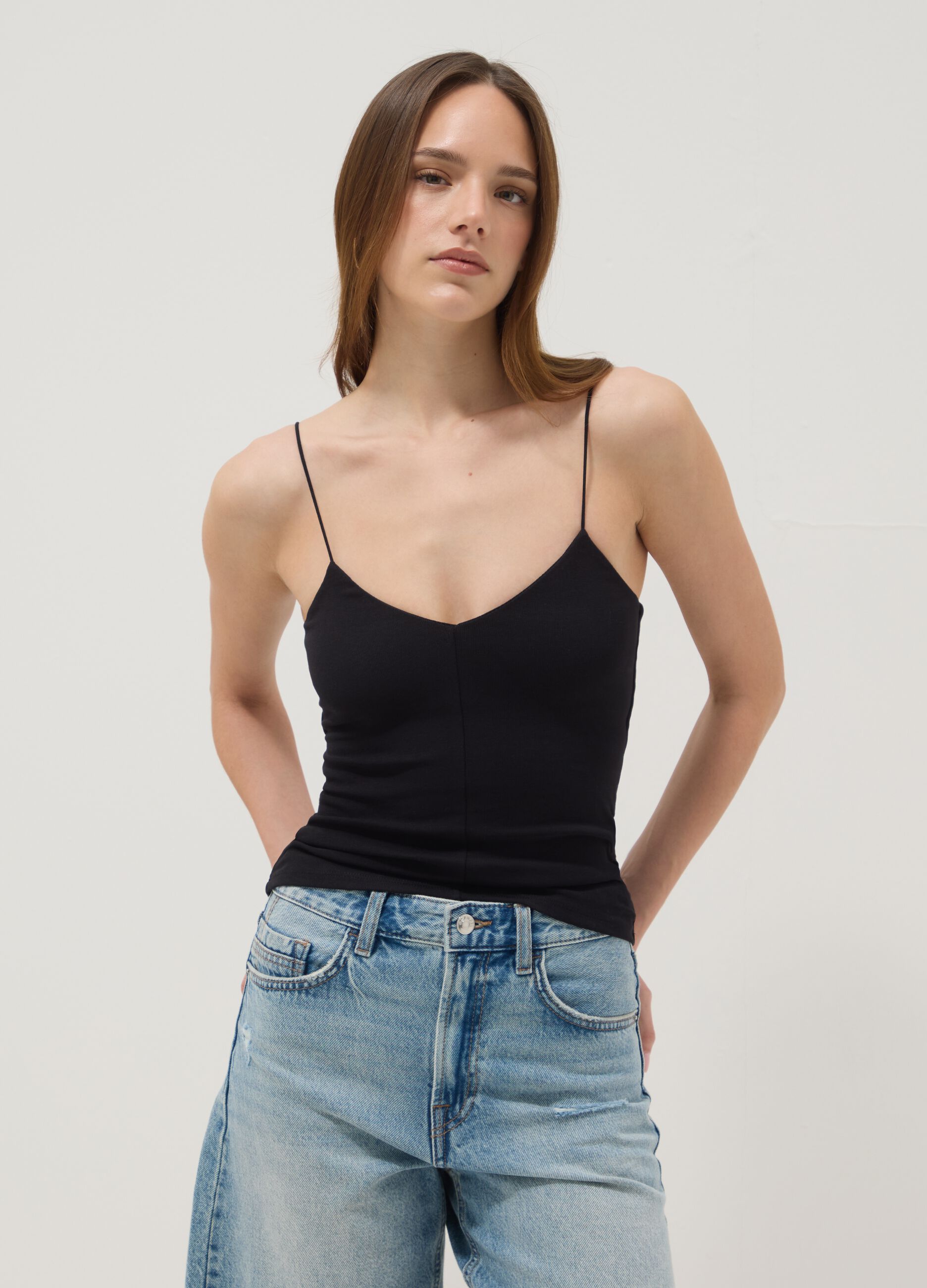 Black organic cotton tank top with thin straps