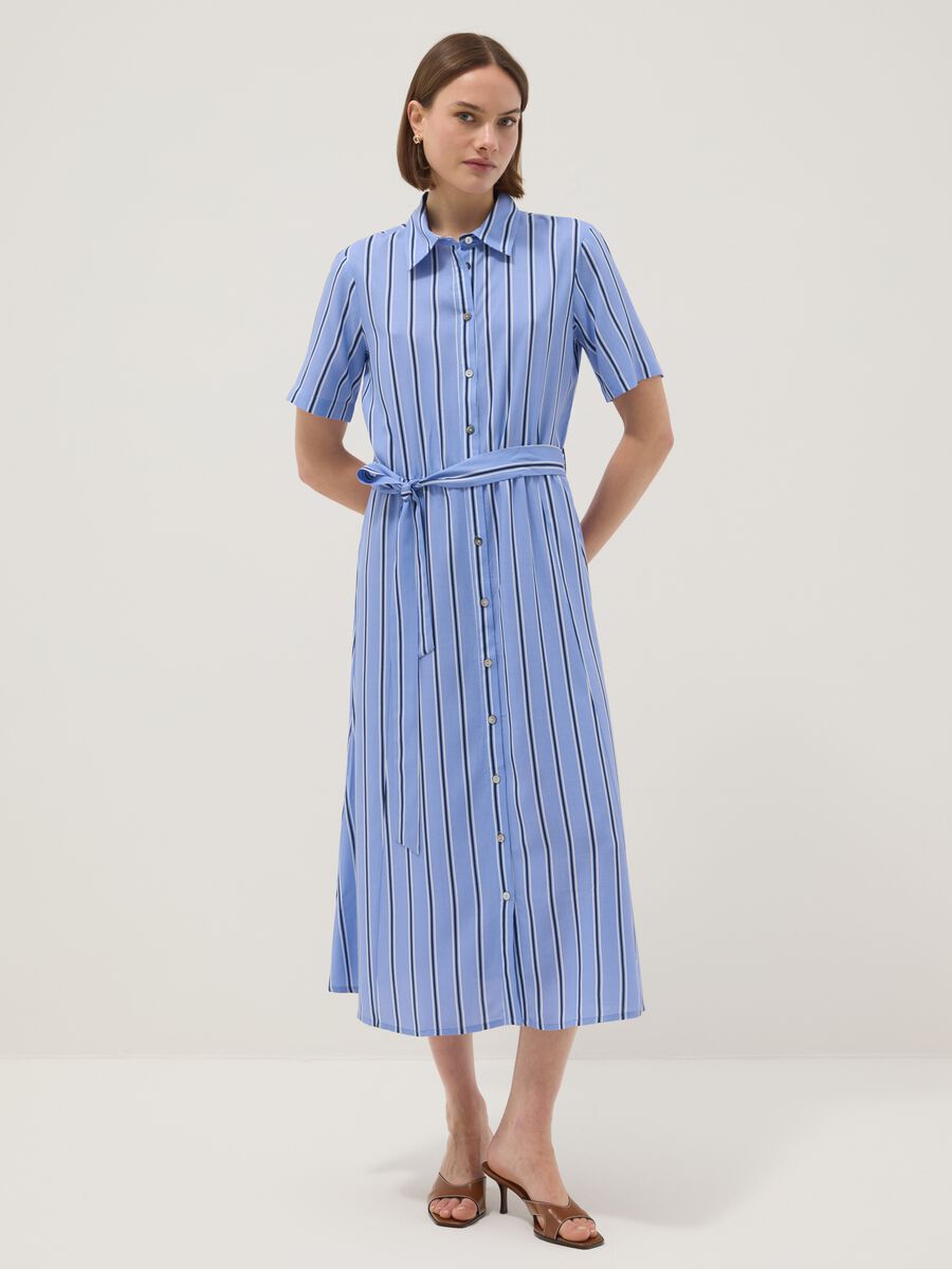 Pure viscose multicolour striped regular fit dress with belt_0