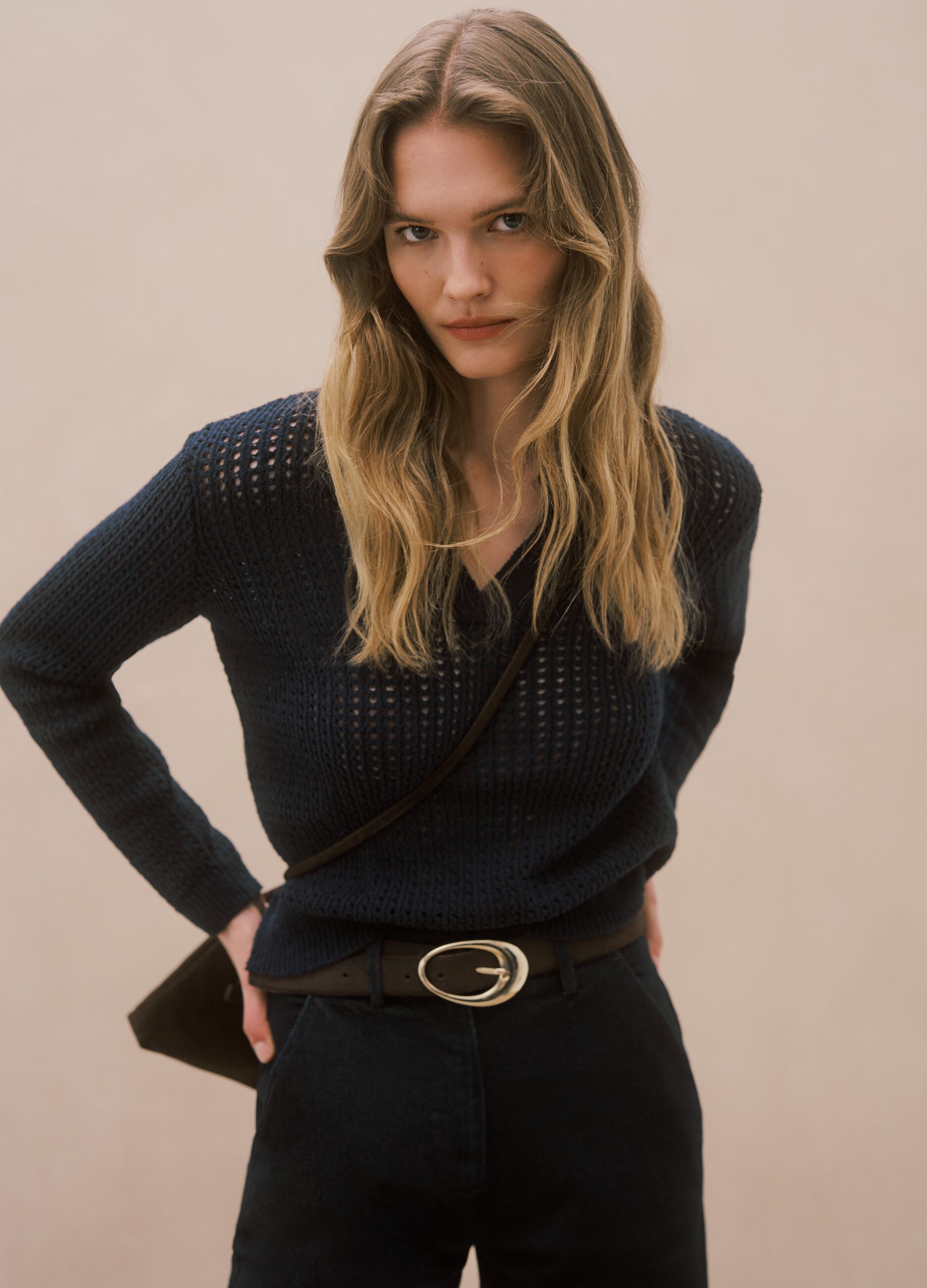 Blue cotton blend regular fit jumper with mesh pattern and polo collar