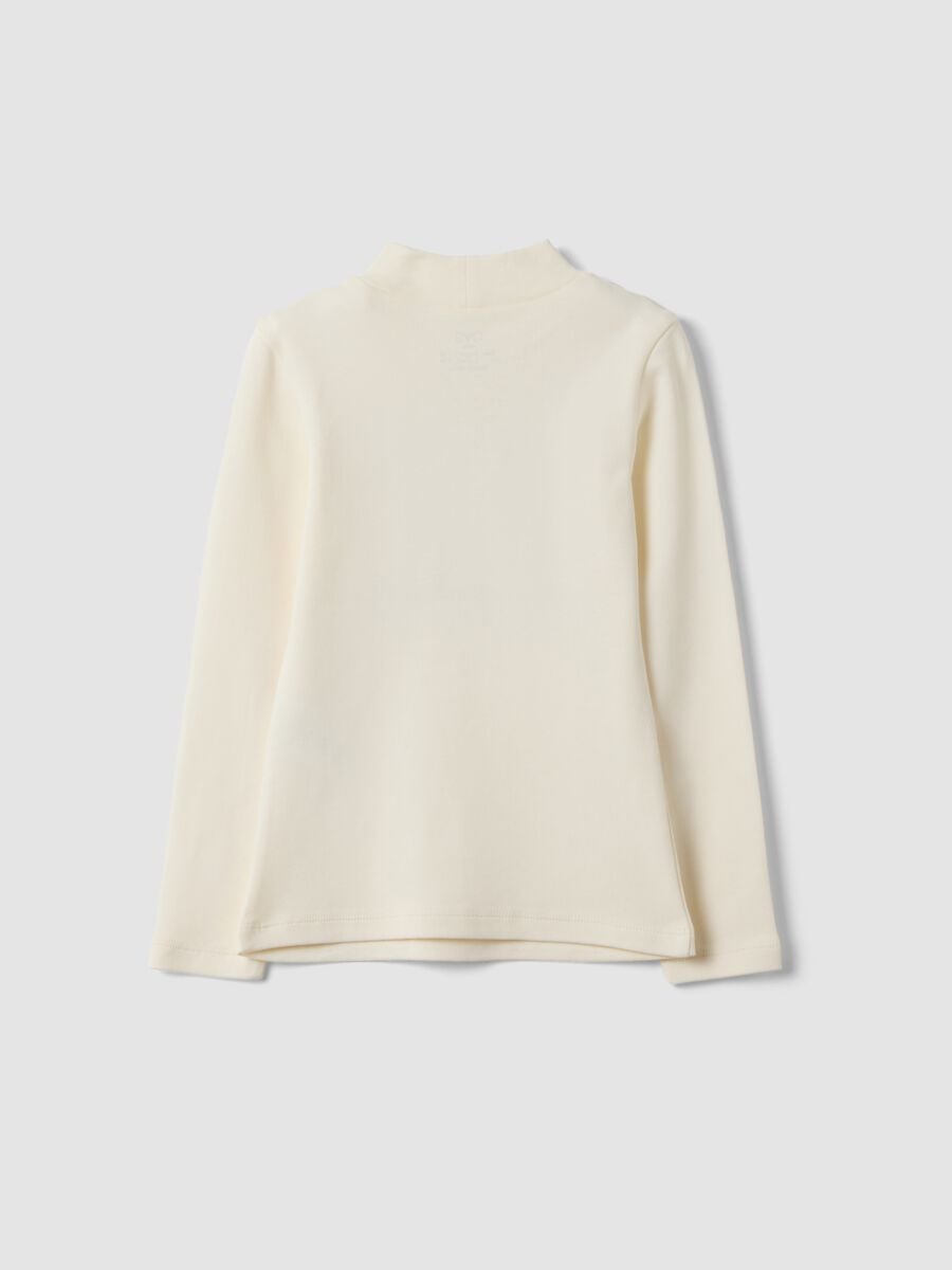 White pure organic cotton T-shirt with mock neck and animal print_1