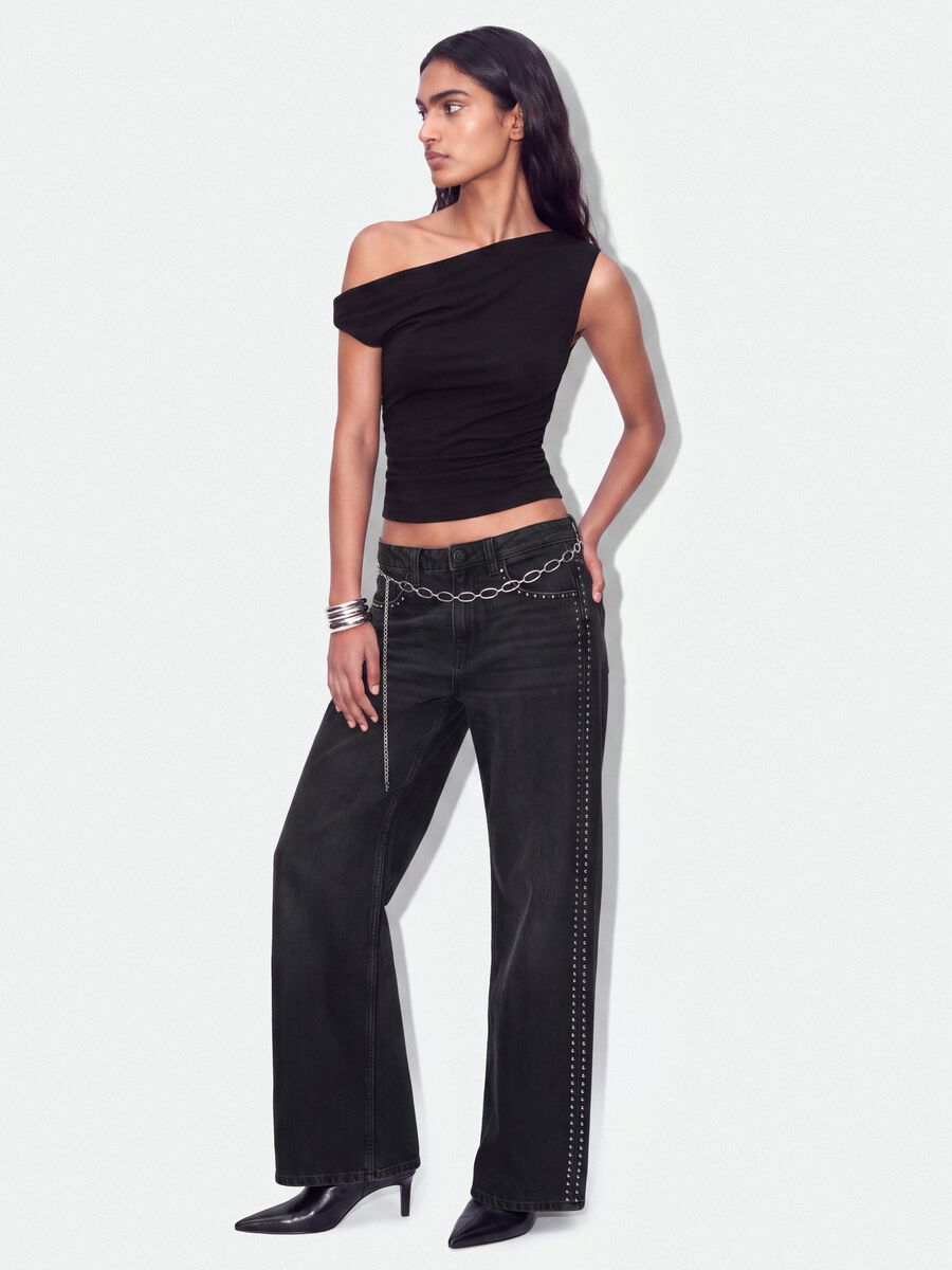 Schwarzes asymmetrisches One-Shoulder-Top aus elastischer Viskose, Slim Fit_1