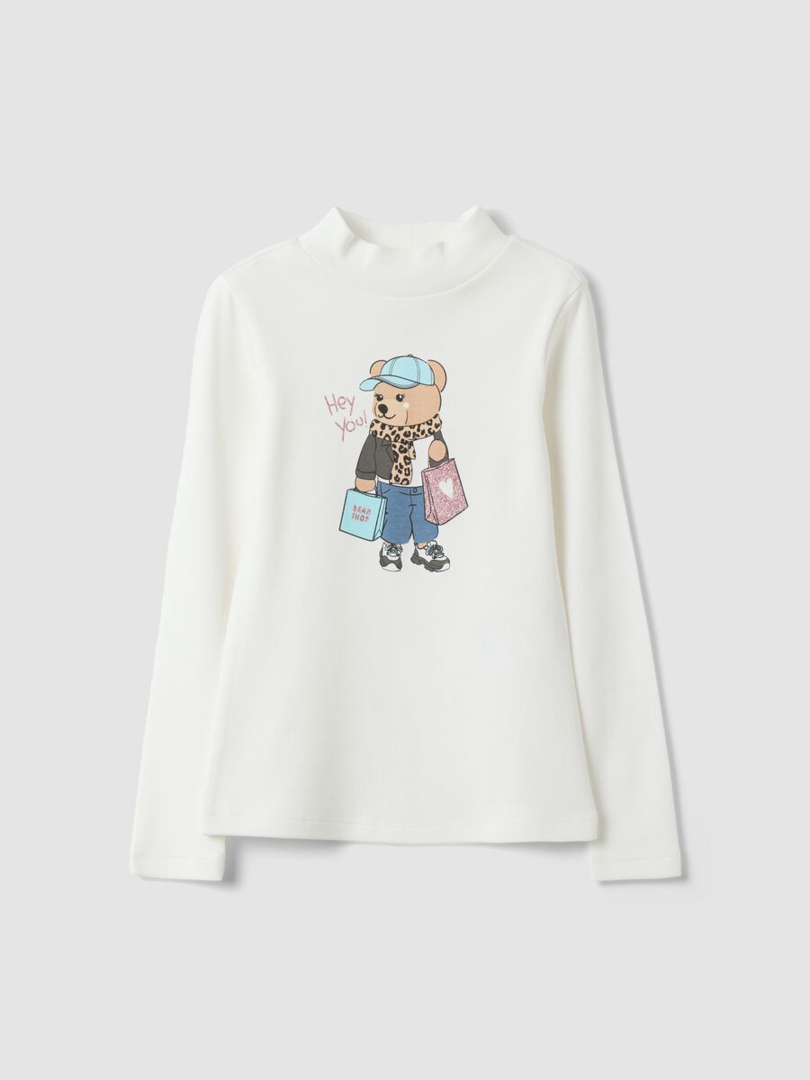T-shirt bianca in puro cotone organico con collo rialzato e stampa orsetto_0